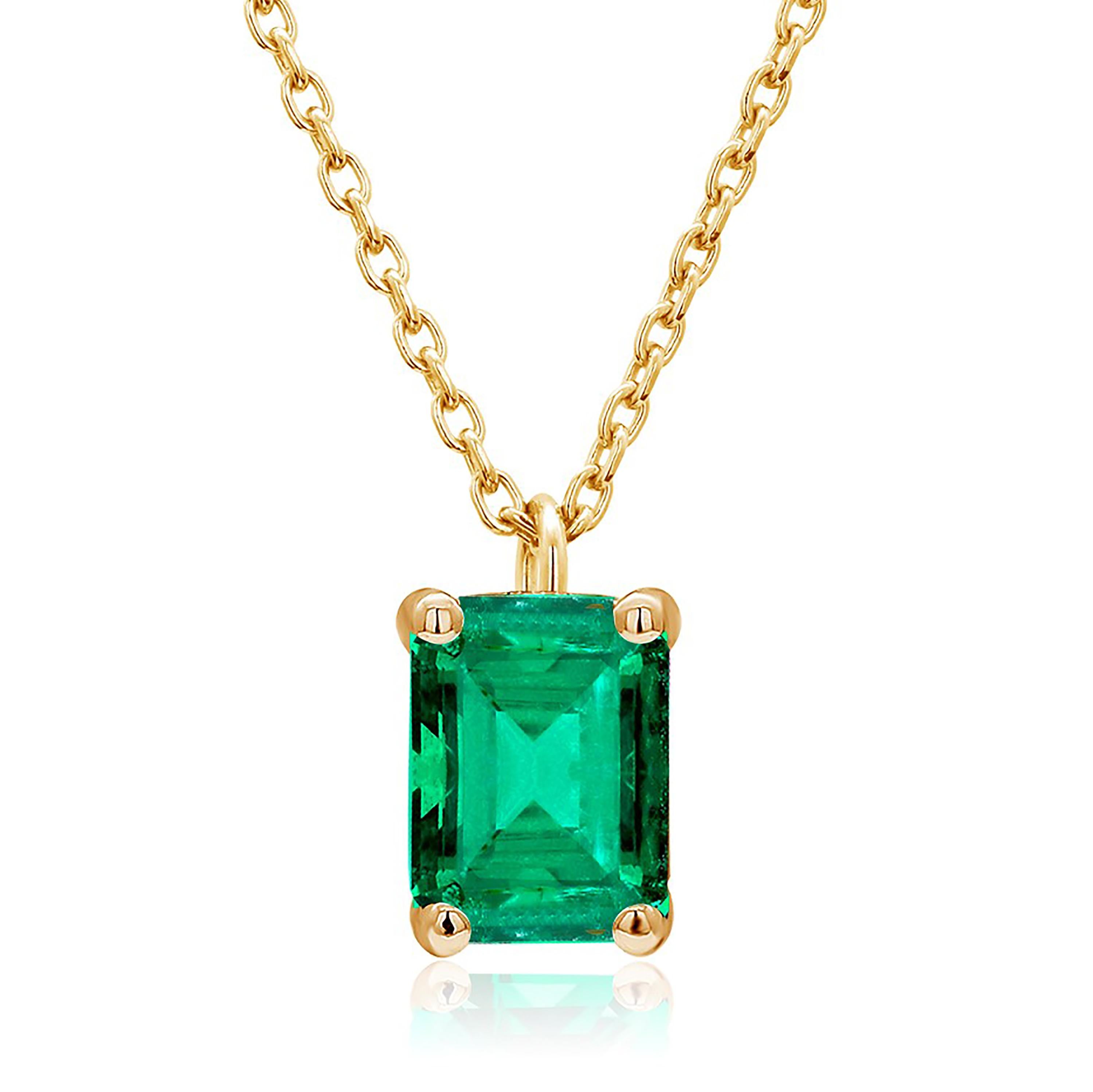 14 karats yellow gold necklace pendant with Colombia emerald
Necklace measuring 16 inches long
Colombia emerald-cut emerald  weighing 0.85 carats
Cable chain necklace with lobster spring lock
Emerald cut emerald measuring 8x6 millimeter, 0.35-inch
