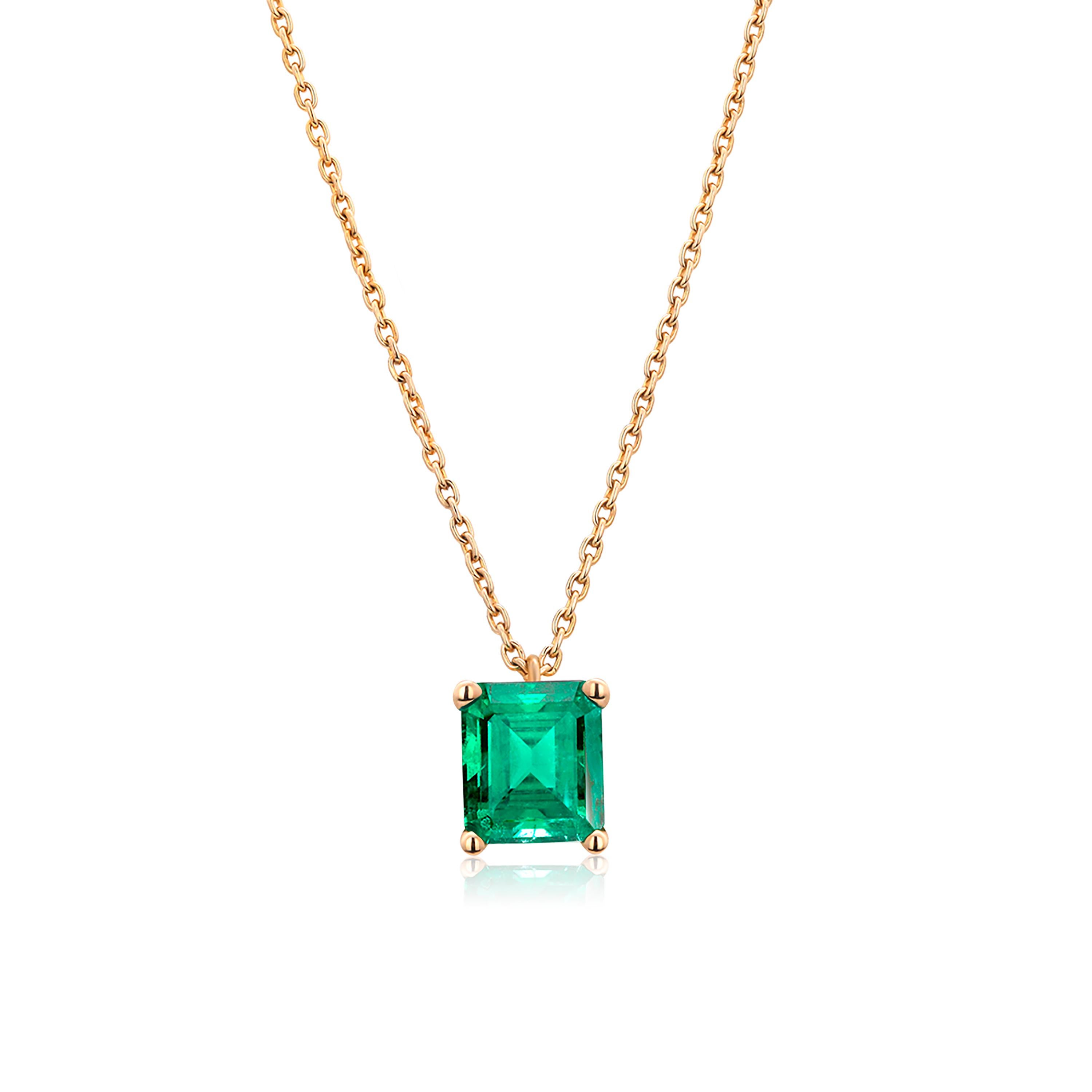 14 karats yellow gold necklace pendant with Colombia emerald
Necklace measuring 16 inches long
Colombia emerald-cut emerald  weighing 0.65 carats
Emerald color hue is grass green
Cable chain necklace with lobster spring lock
New Necklace
Our design