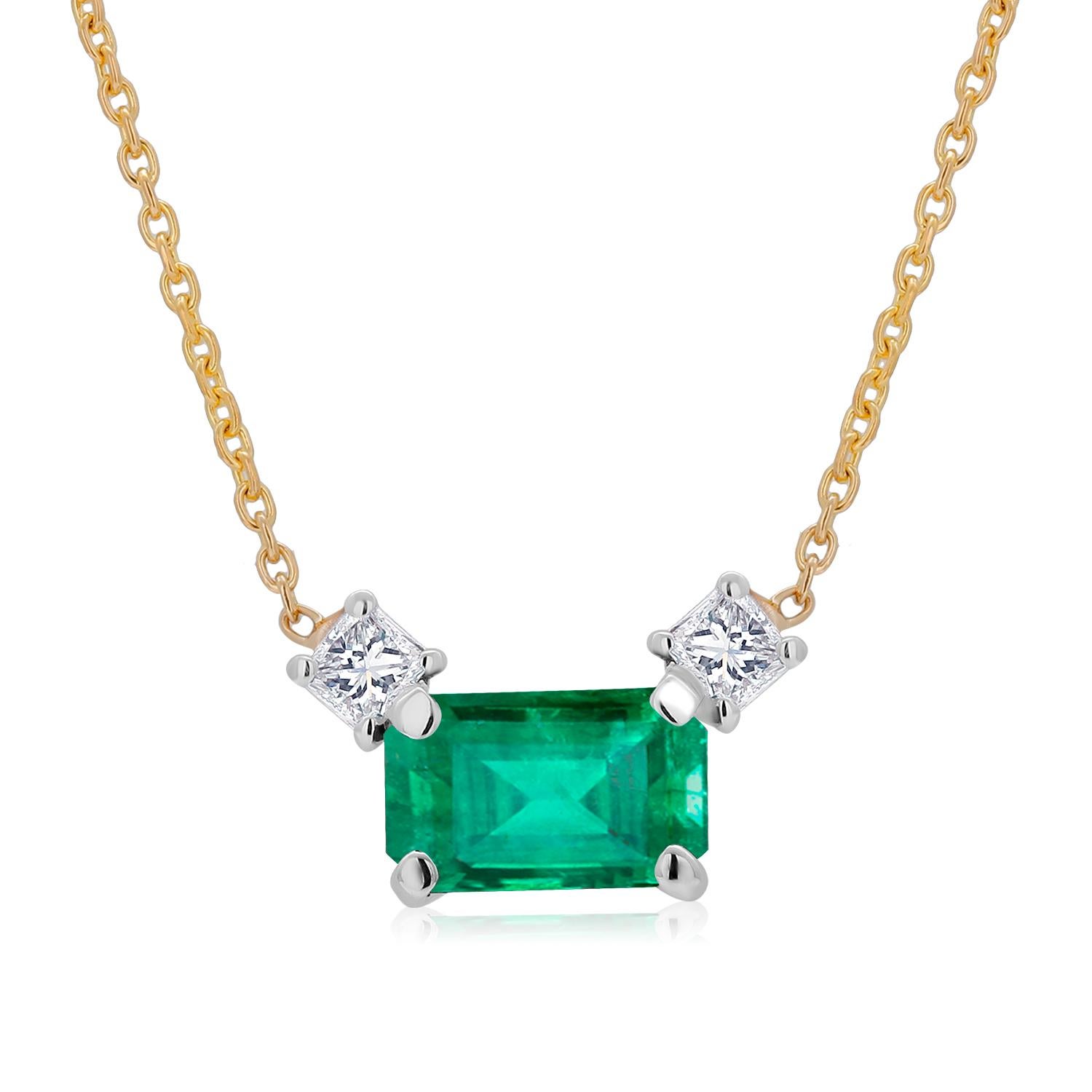 Oval Cut Colombia Origin Emerald and Princess Diamond Yellow Gold Drop Pendant Necklace