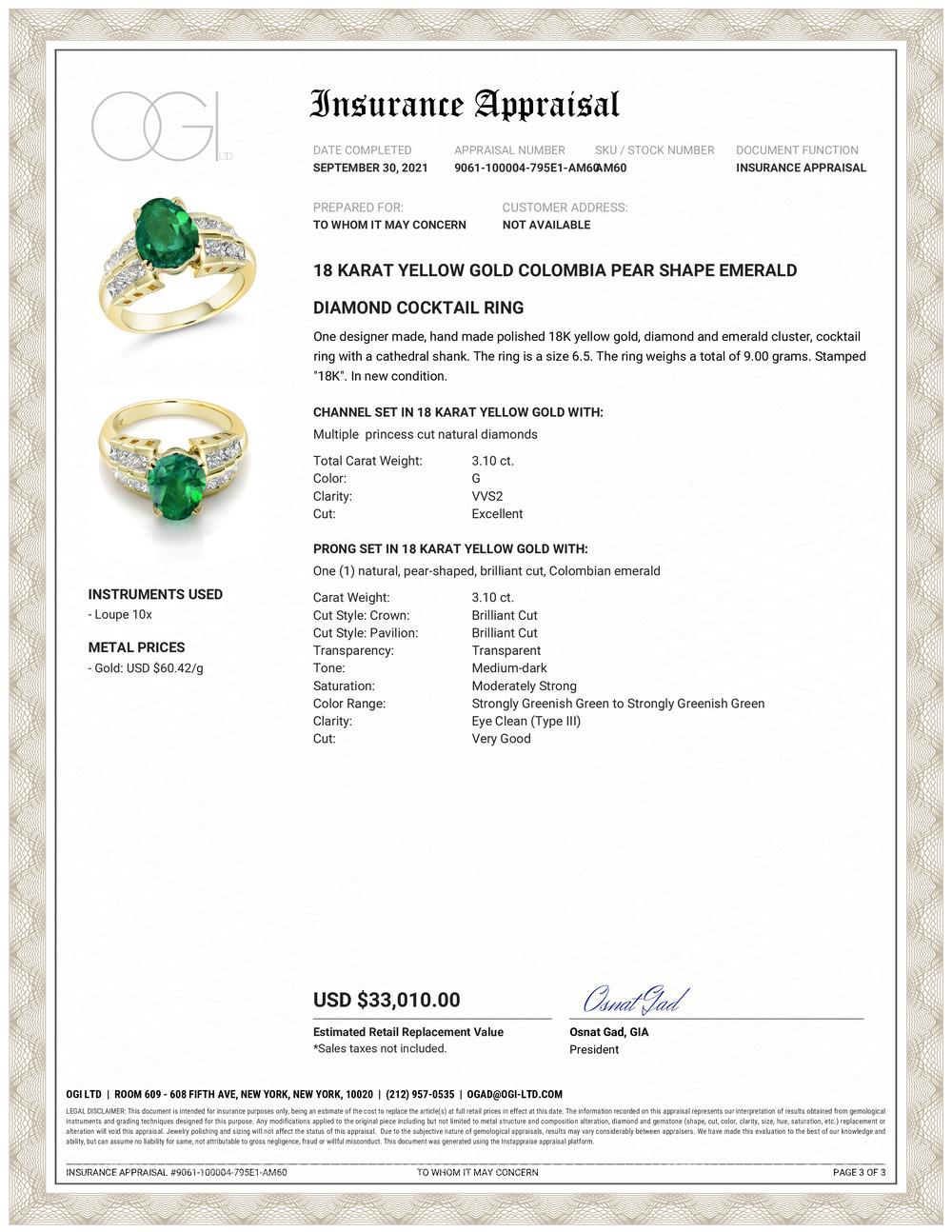 One of a kind eighteen karats yellow gold emerald cocktail ring
Emerald was mined in Colombia 
Pear Shape emerald weighing 3.10 carat
Princess cut diamond weighing 1.71 carat 
Ring size 6.5 In Stock
The ring can be slightly resized
Ring shank