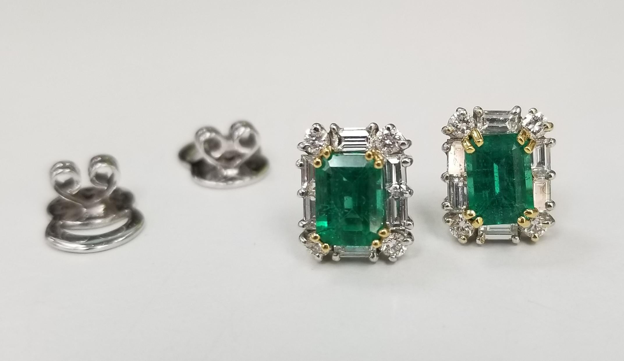 *Motivated to Sell – Please make a Fair Offer*
18K WHITE GOLD COLOMBIAN EMERALD STONE AND ROUND DIAMOND EARRINGS WITH YELLOW GOLD PRONGS.
Specifications:
    MAIN stone:  2 COLOMBIAN EMERALD 7.15 x 5.15MM 
    WEIGHT: 2.03CTW
    DIAMOND: 12