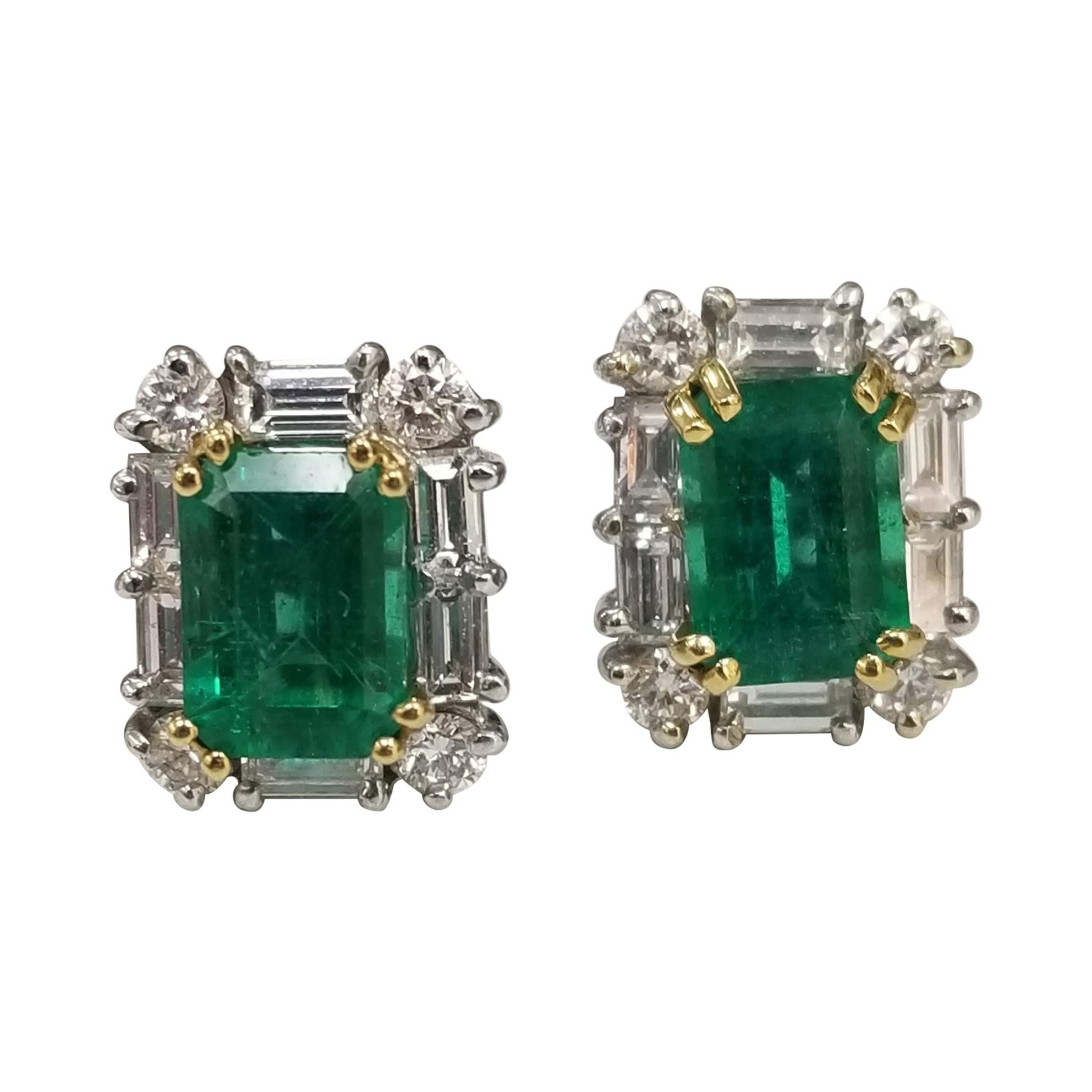 Colombian 2.03cts. Emerald-Cut Emeralds with Diamond Halo Set in 18k White Gold For Sale
