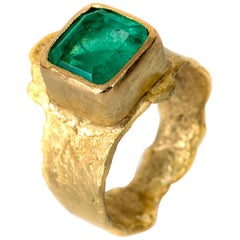 Colombian 4.4 Carat Emerald 18 Karat Textured Gold Ring Handmade by Disa Allsopp