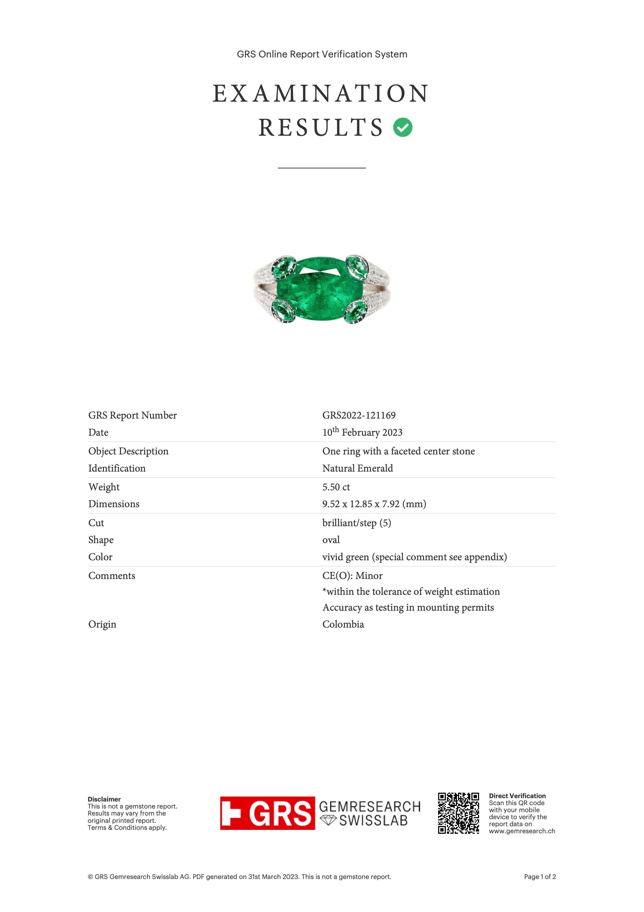 Colombian 5.50 Cts GRS Emerald Ring with Diamonds in 18K White Gold For Sale 9