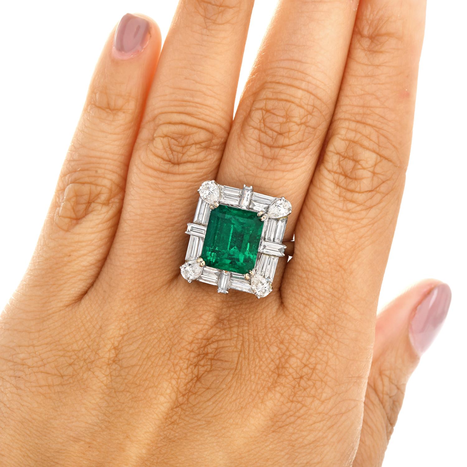 Colombian 5.53ct Muzo Emerald Diamond 18k White Gold Cocktail Ring In Excellent Condition In Miami, FL