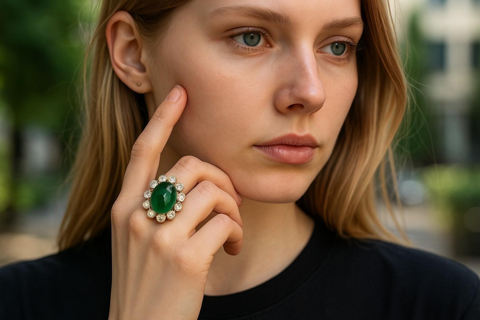 Der Cocktailring, Fingergröße 6, besticht durch sein Design, das die Eleganz von 18-karätigem Gold mit der natürlichen Schönheit eines runden Kolumbien-Smaragds von 8,23 Karat und funkelnden Diamanten von 0,80 Karat verbindet. Er ist mit viel Liebe
