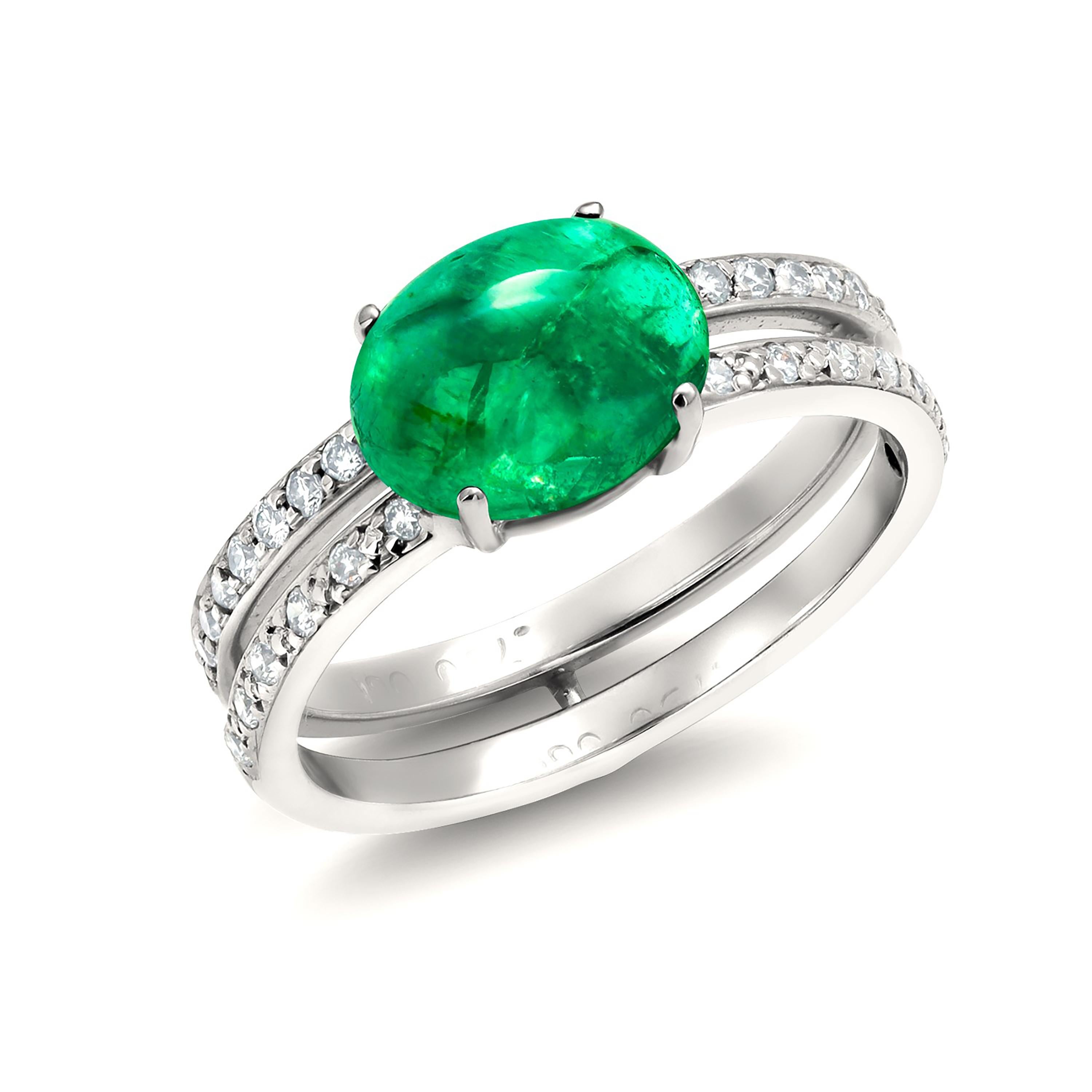Oval Cut Colombian Cabochon Emerald  Diamond 3.25 Carat White Gold Split Shank Ring For Sale