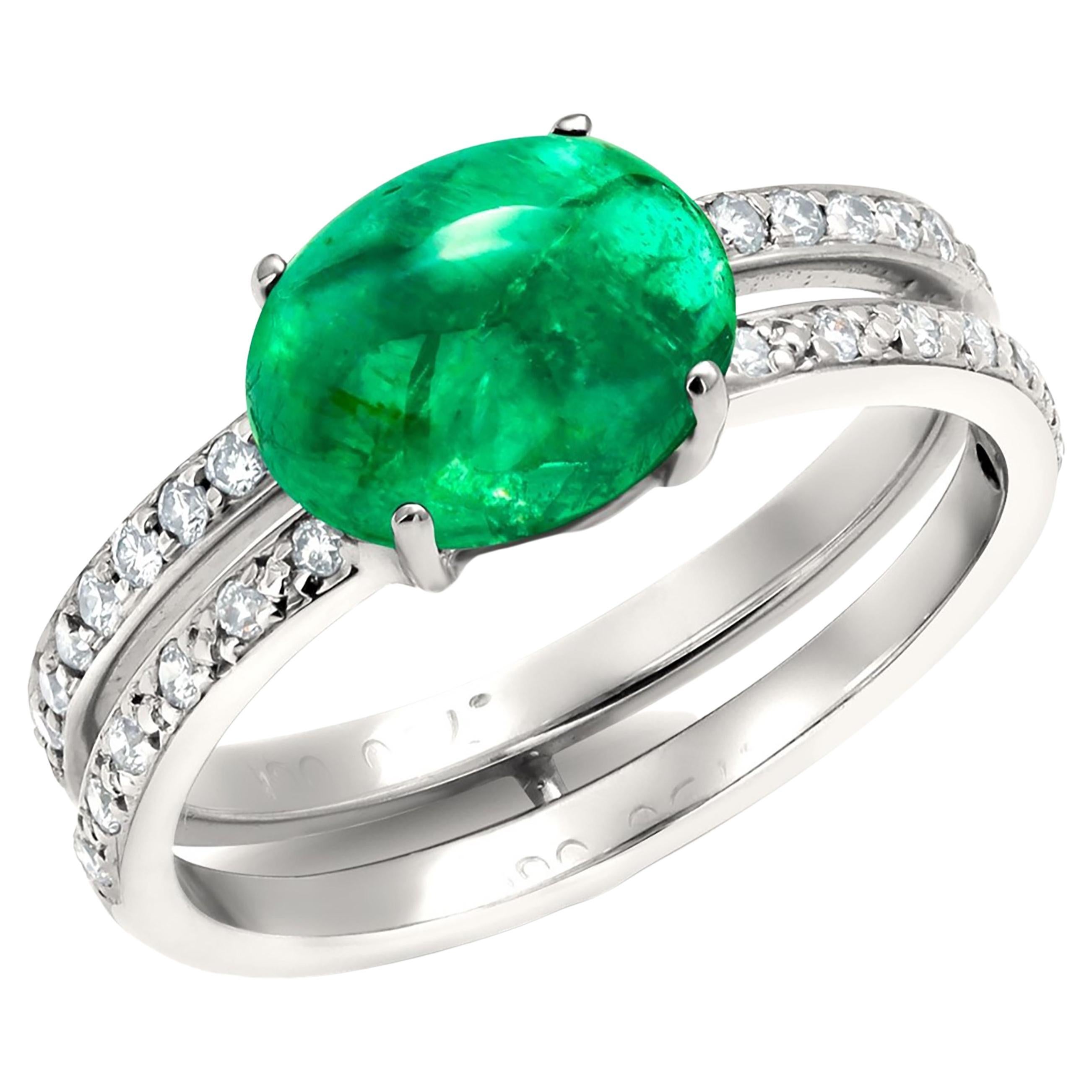 Colombian Cabochon Emerald  Diamond 3.25 Carat White Gold Split Shank Ring For Sale