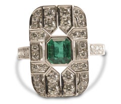 Colombian Emerald 1.28 Carat and Diamond Art Deco Tablet Ring in 18 Karat Gold