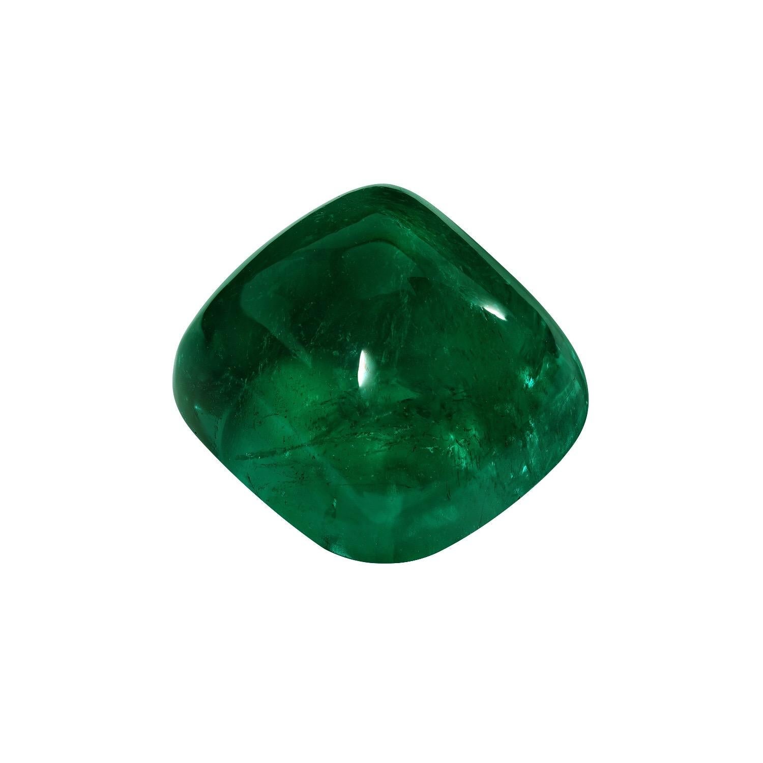 Ultra rare and exclusive, collection quality, Colombian Emerald sugarloaf cabochon, offered loose to the world's most avid gem connoisseurs.
This superb gem is AGL certified, with indications of only insignificant clarity enhancement.