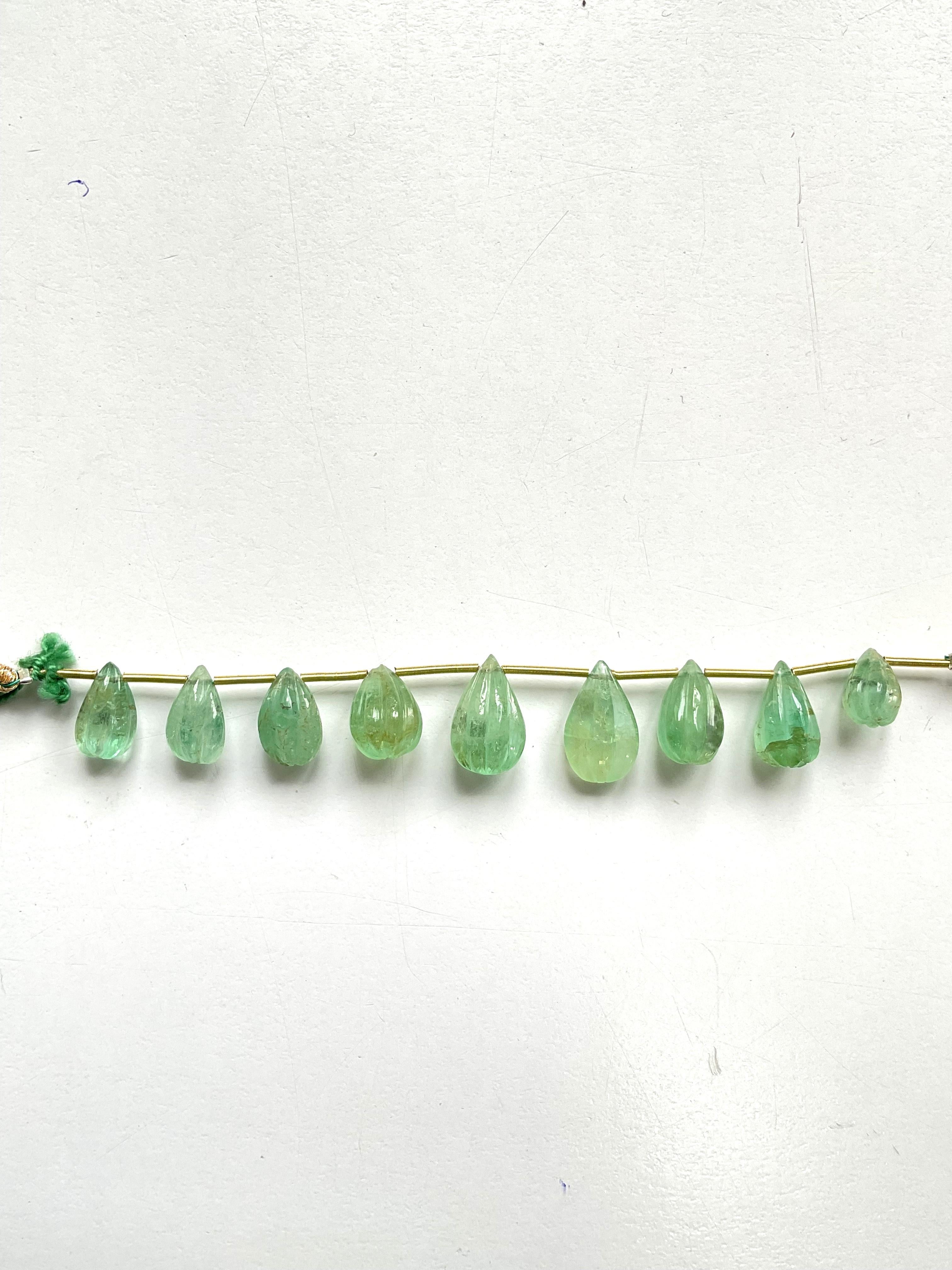 Colombian Emerald 30.40 Carats Carved Drops Layout 9 Pieces For Fine Jewelry Gem For Sale 1
