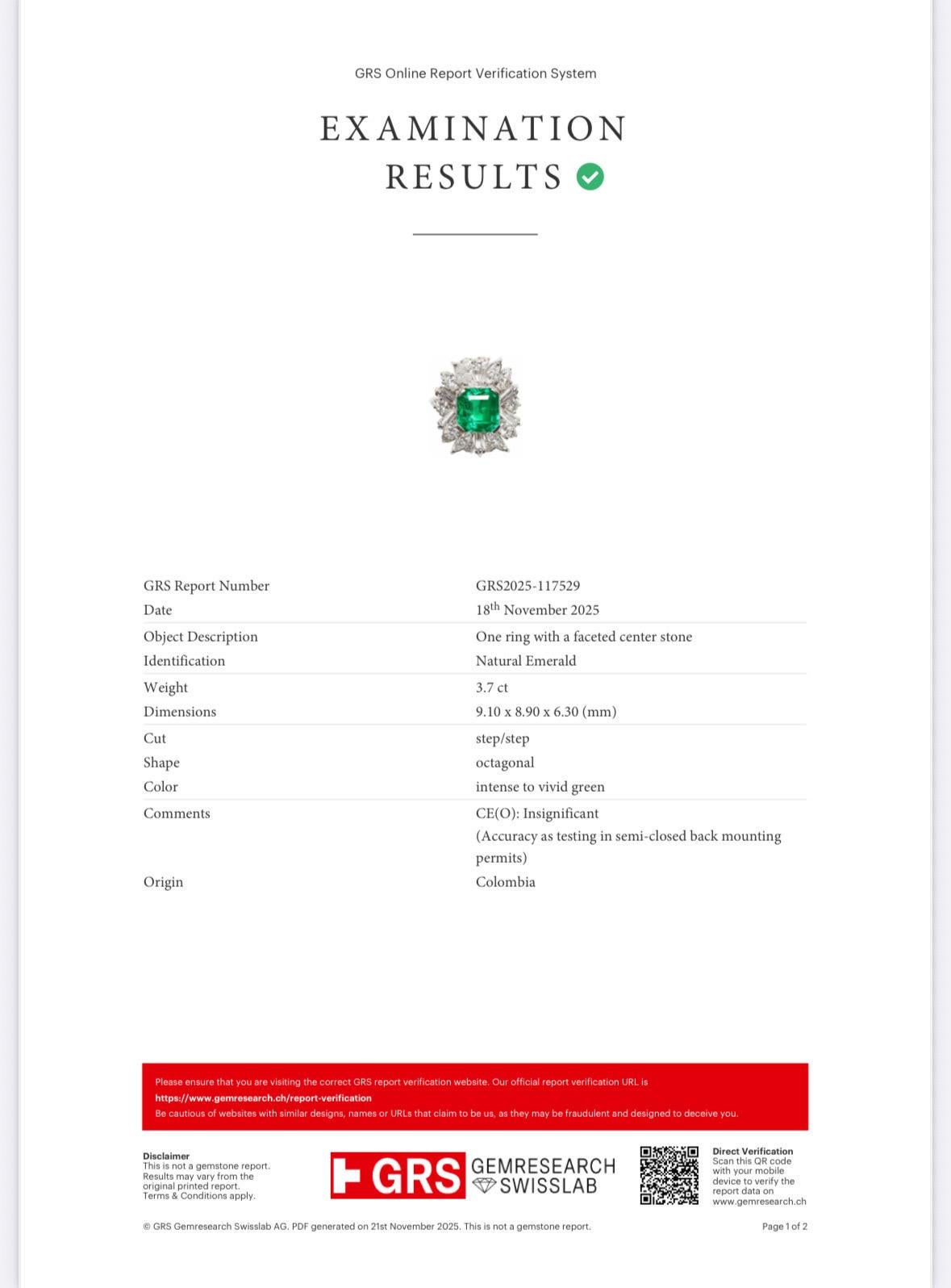 Kolumbianischer Smaragd 3,7 ct  Lebendiges Grün, unbedeutendes Öl, GRS-zertifiziert für Damen oder Herren im Angebot