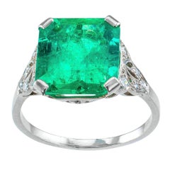 Colombian Emerald 4.05 Carat Art Deco Diamond Platinum Ring