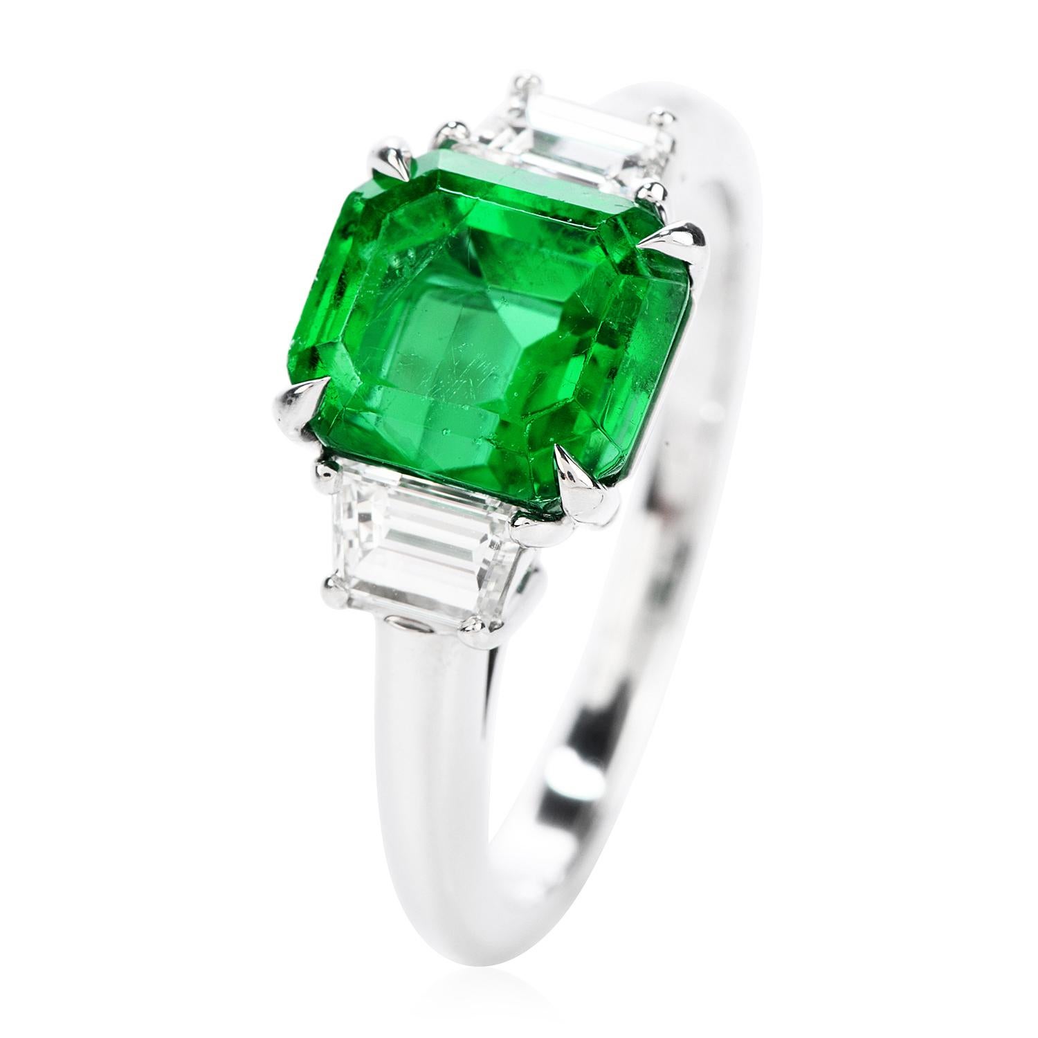 Emerald Cut Colombian Emerald AGL 2.62 Carat Diamond Platinum Engagement Ring