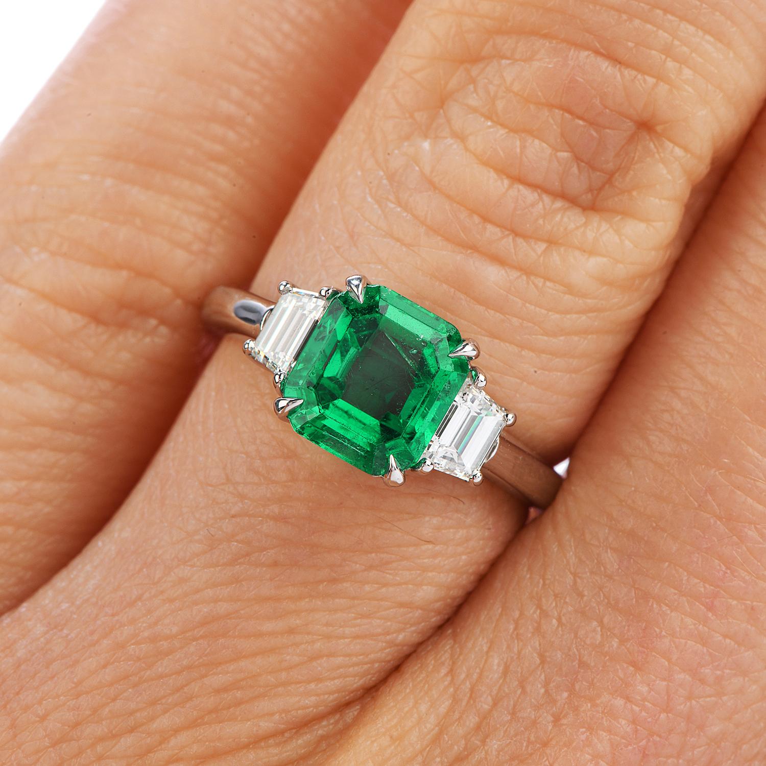 Colombian Emerald AGL 2.62 Carat Diamond Platinum Engagement Ring In Excellent Condition In Miami, FL