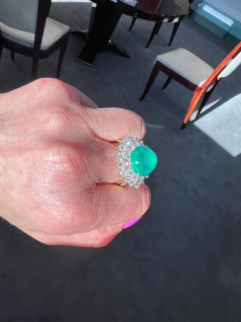 Retro Colombian Emerald AGL-Certified Cabochon Ring with Diamond Halo For Sale