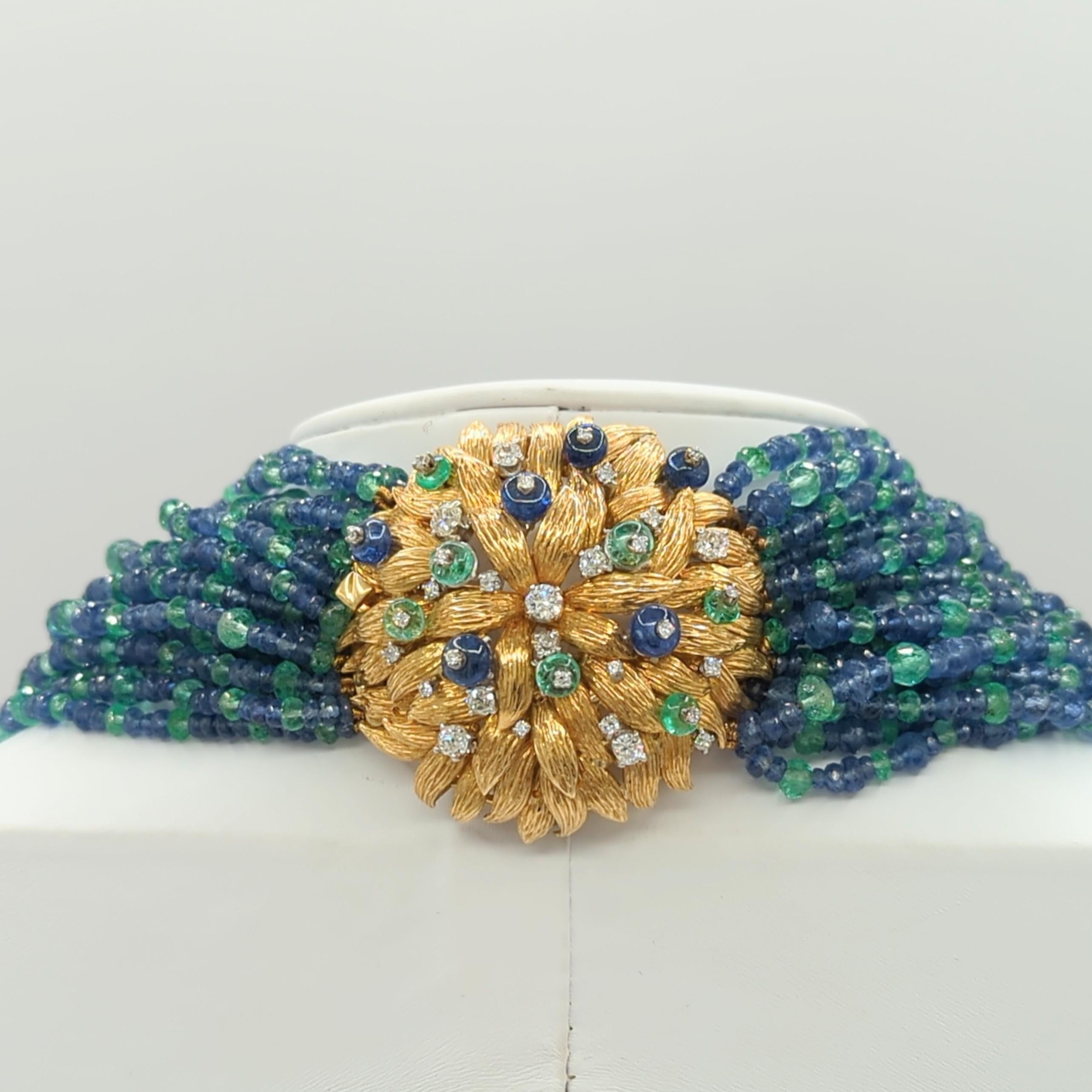 Colombian Emerald and Ceylon Blue Sapphire Bead Necklace in 18K Yellow Gold For Sale 2