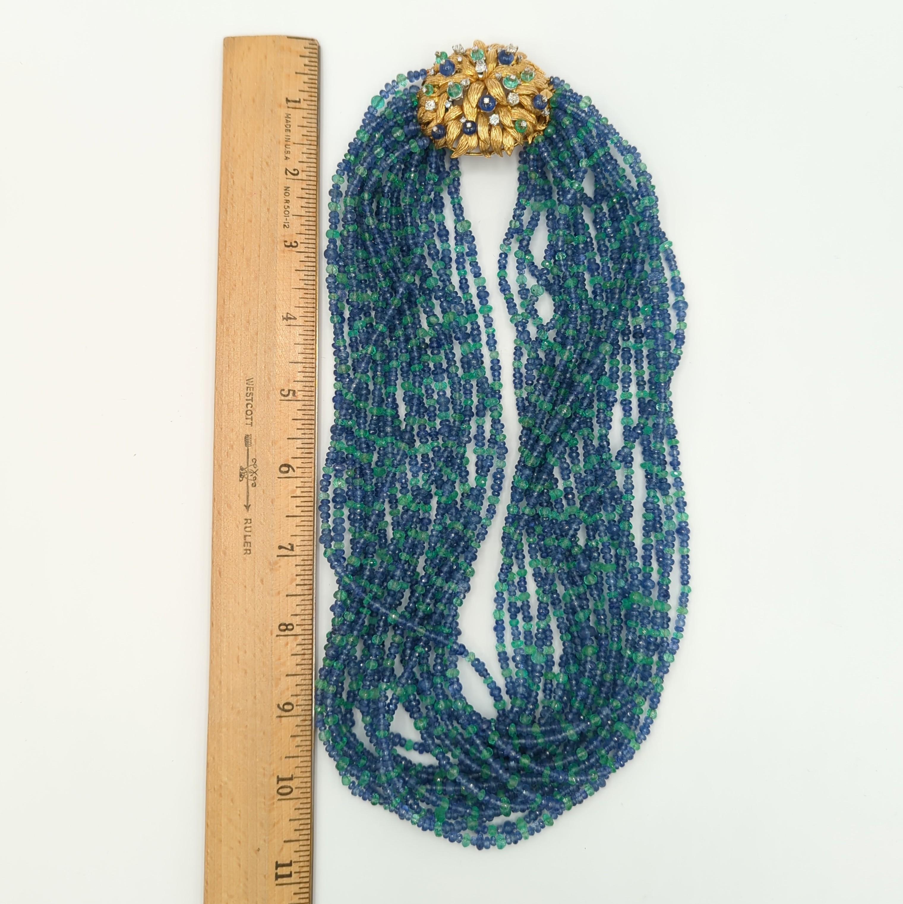Colombian Emerald and Ceylon Blue Sapphire Bead Necklace in 18K Yellow Gold For Sale 3