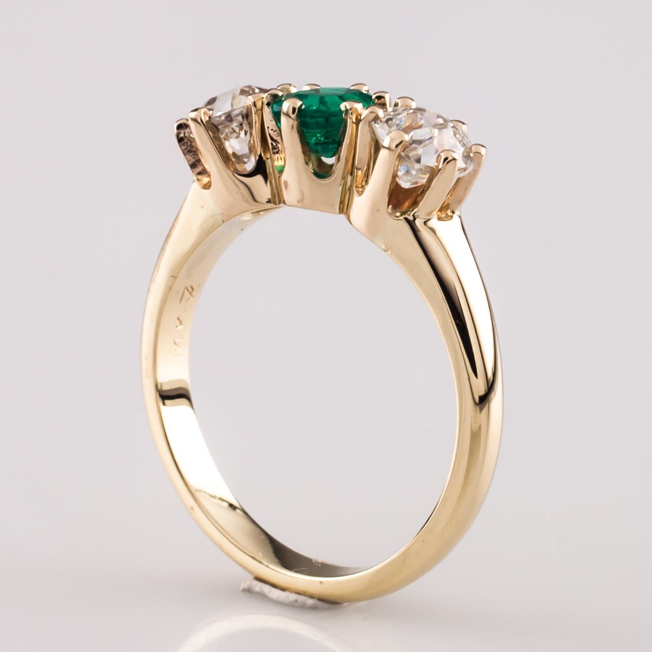 Women's Colombian Emerald and Diamond 14 Karat Yellow Gold Three-Stone Ring