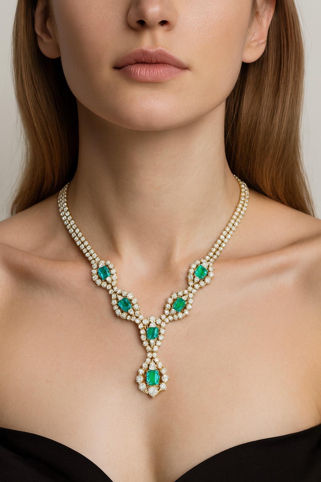 Collana di smeraldi colombiani e diamanti Fine Gem

Realizzata in oro giallo massiccio 18 carati e con un peso di 37,3 grammi, questa squisita collana presenta 2,66 carati di smeraldi verdi naturali colombiani, di colore AAA e purezza VS. A