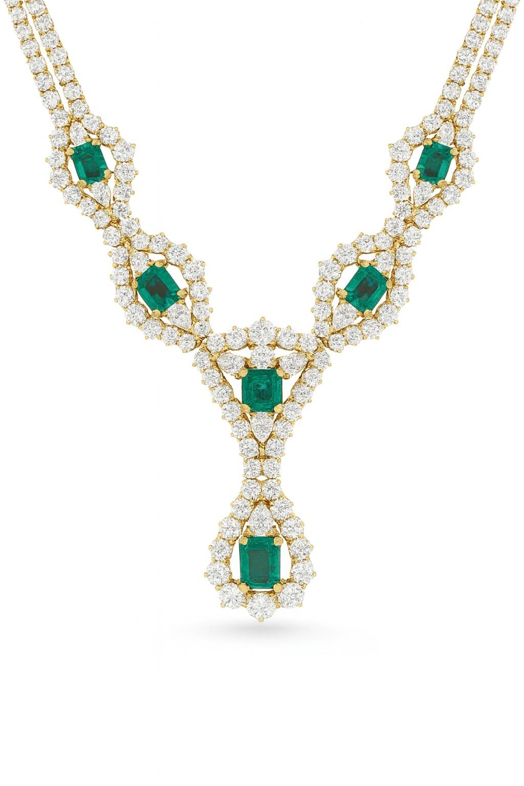 Taglio smeraldo Collana di smeraldi e diamanti colombiani 18k in vendita