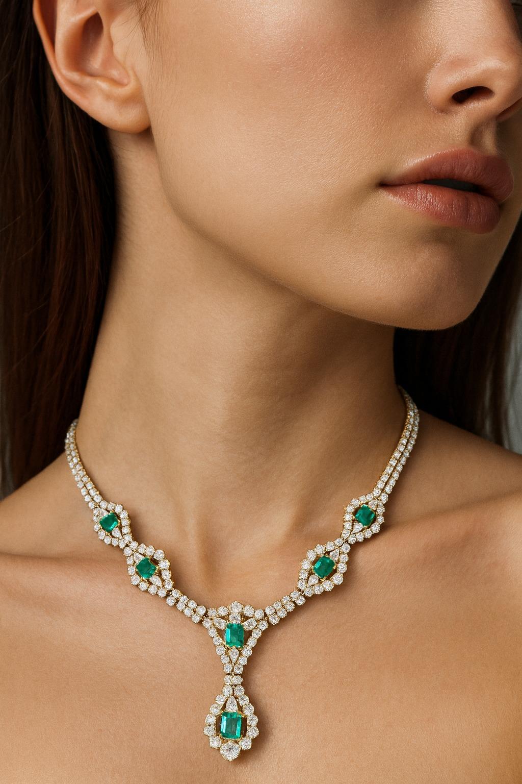 Collana di smeraldi e diamanti colombiani 18k In condizioni Nuovo in vendita a Chicago, IL