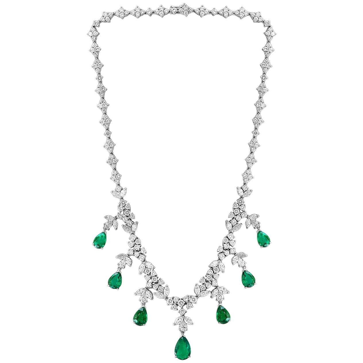  GIA Certified Pear Colombian Emerald & Diamond Bridal Drop Necklace 18 K  Gold