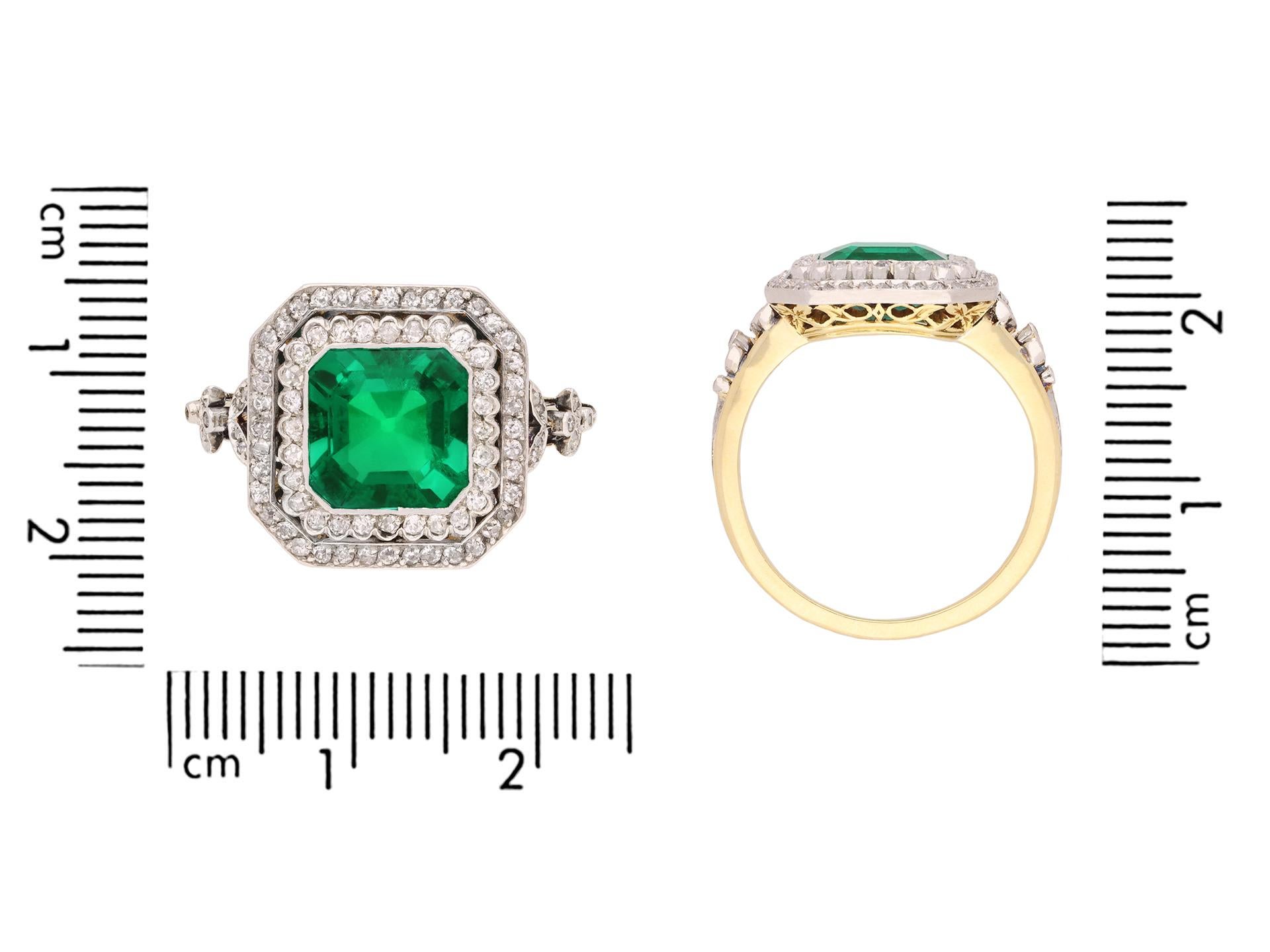Emerald Cut Colombian Emerald and Diamond Cluster Ring, circa 1905 For Sale