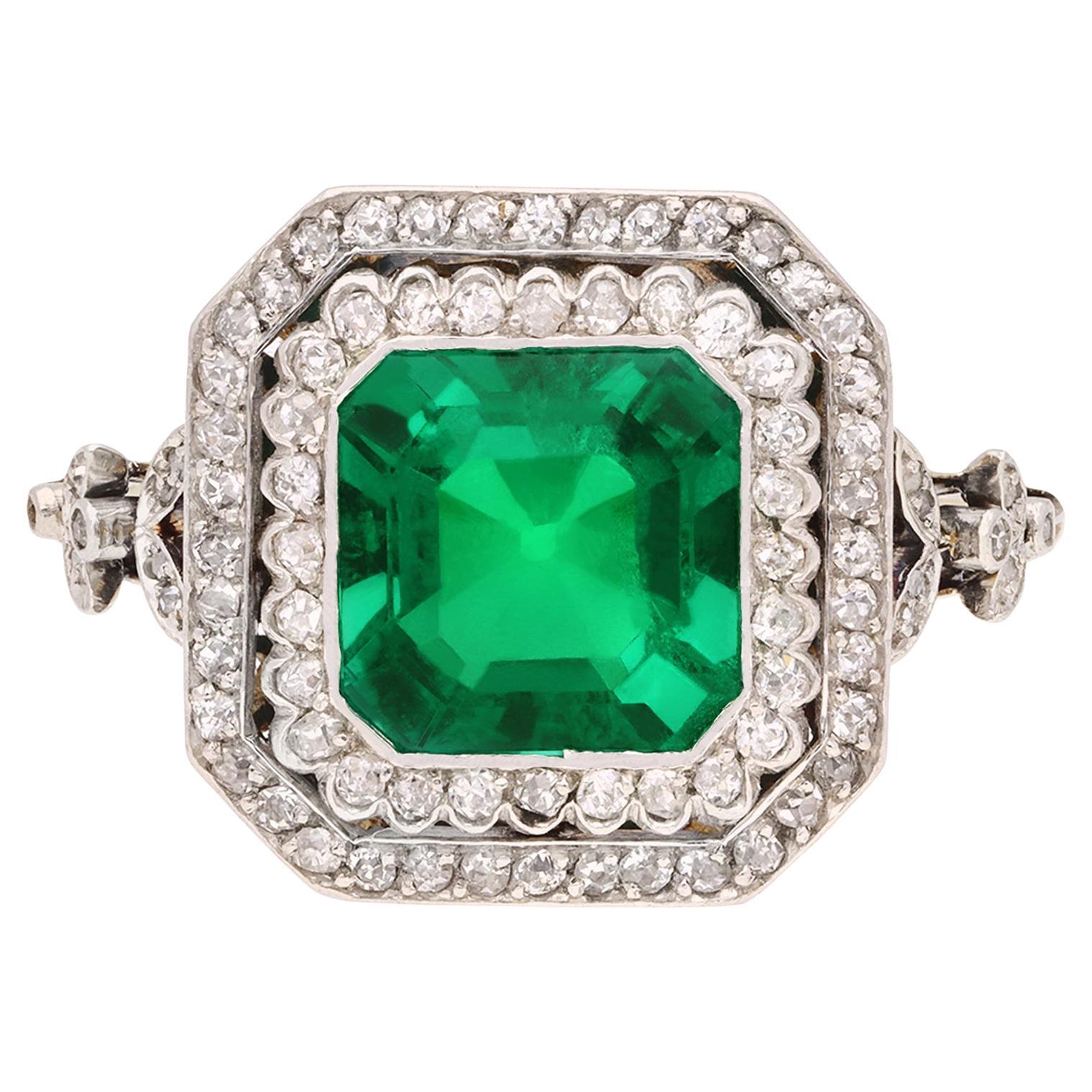 Colombian Emerald and Diamond Cluster Ring, circa 1905 For Sale