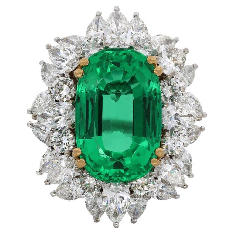No Oil Colombian Emerald and Diamond Cluster Ring, circa 1970