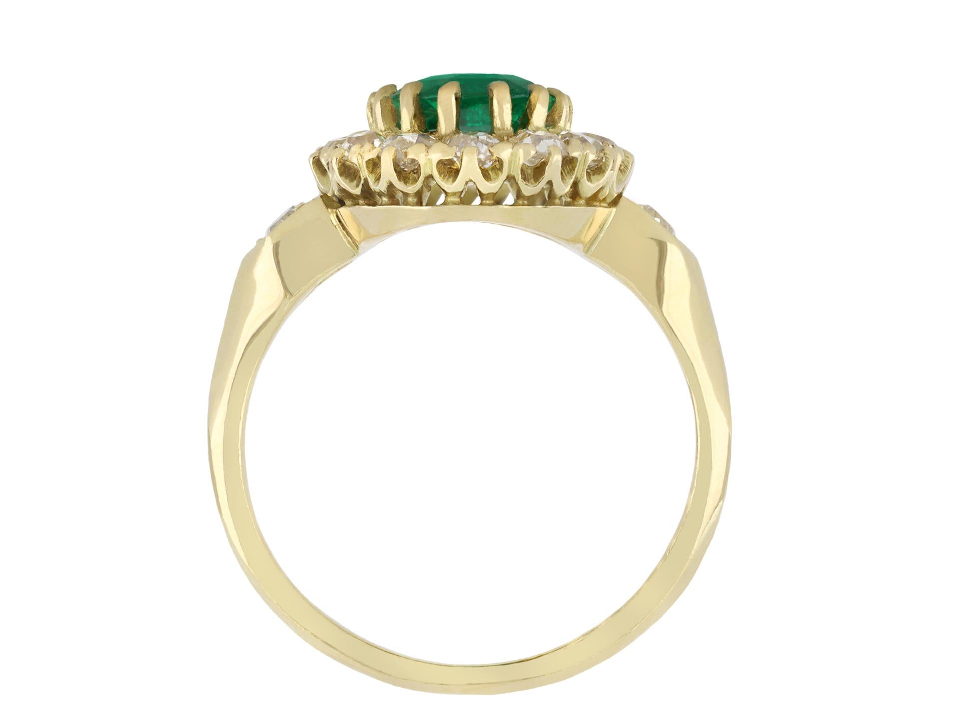 Victorian No Oil Colombian emerald and diamond coronet cluster ring, circa 1890. For Sale