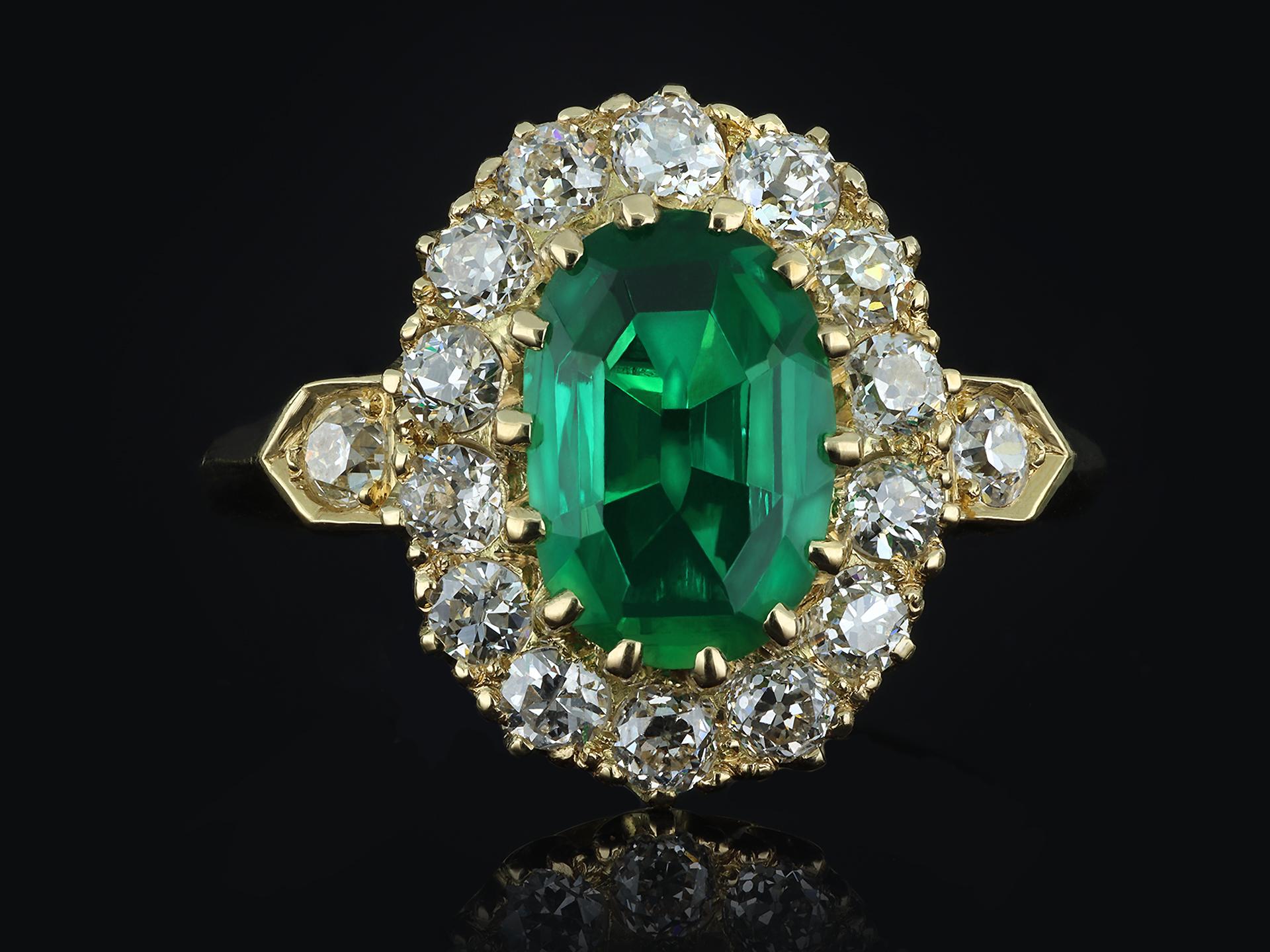 Women's No Oil Colombian emerald and diamond coronet cluster ring, circa 1890. For Sale