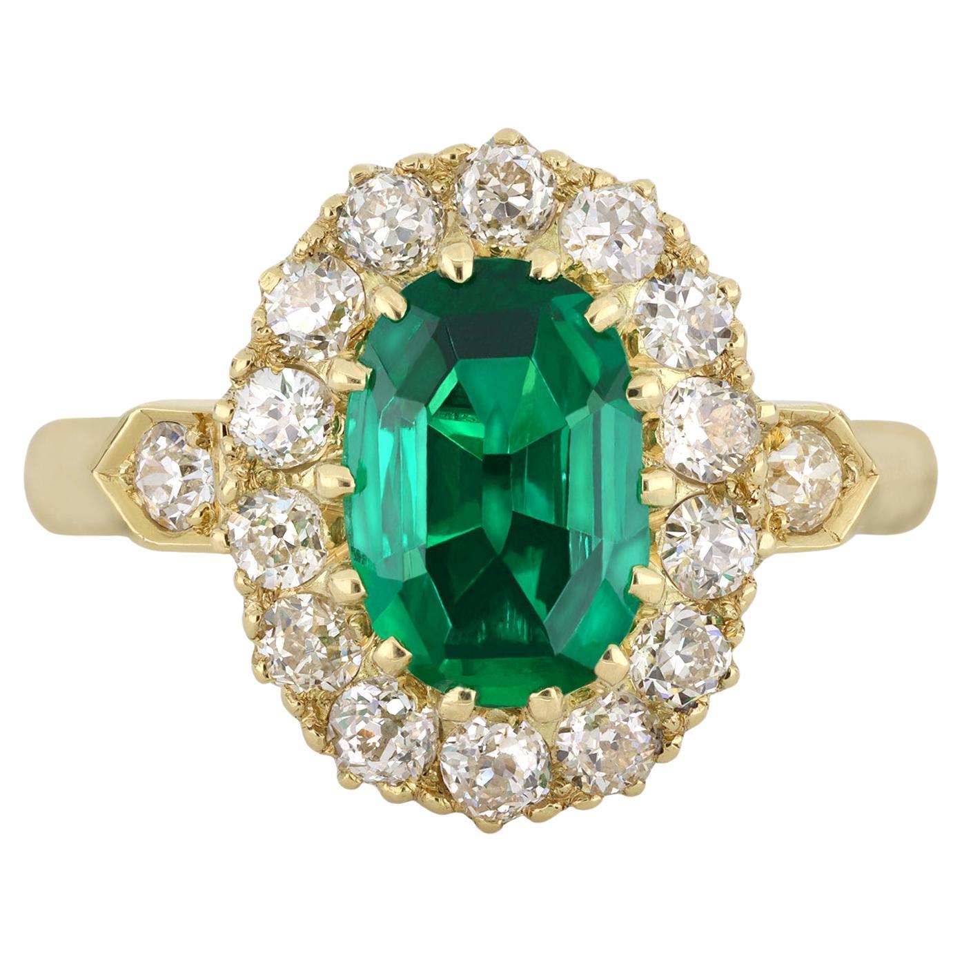 No Oil Colombian emerald and diamond coronet cluster ring, circa 1890. For Sale