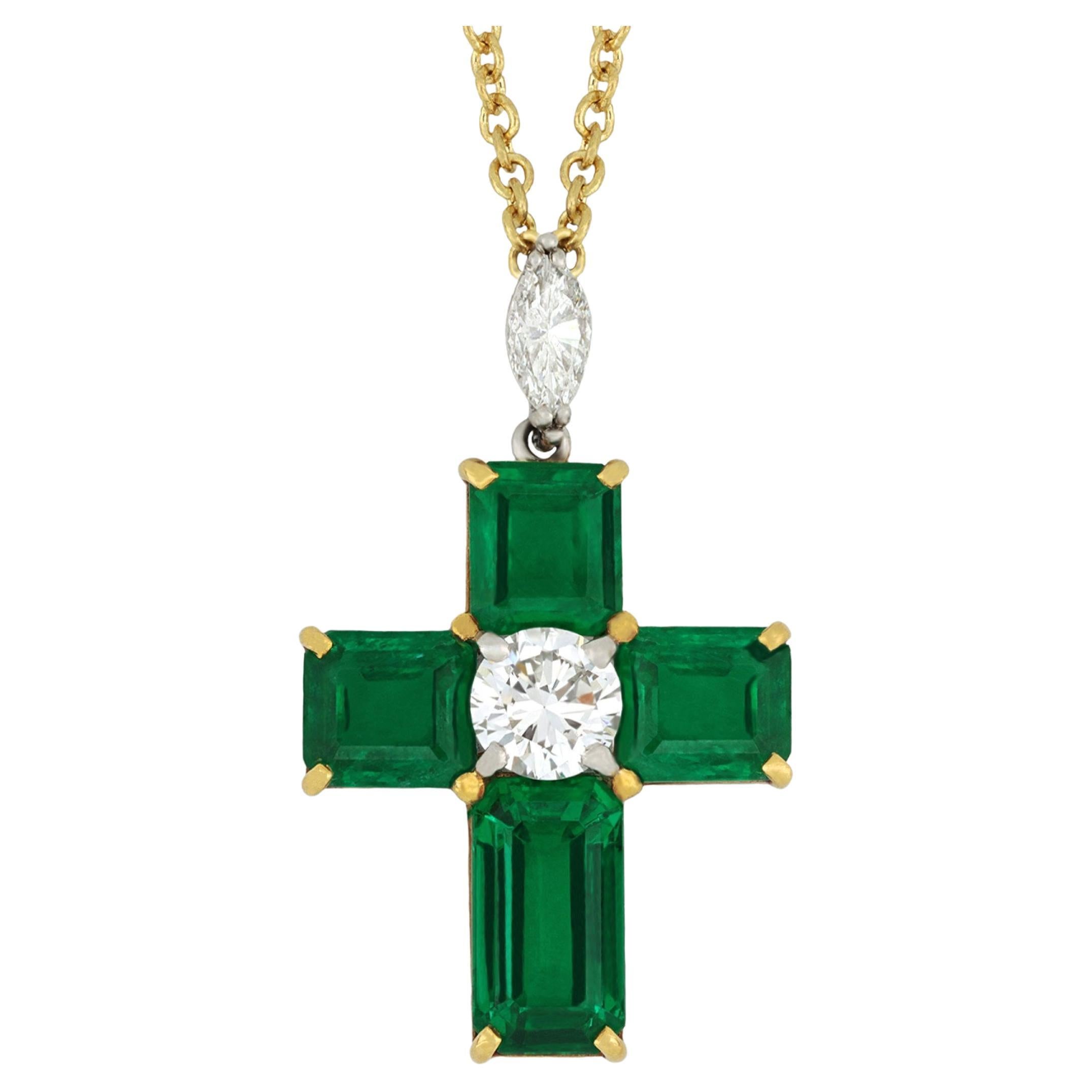 Colombian emerald and diamond cross pendant, circa 1970