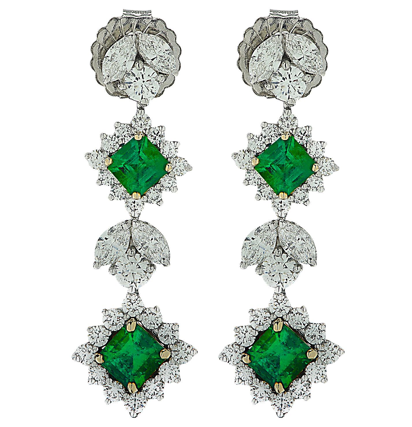 Modern Colombian Emerald and Diamond Dangle Earrings