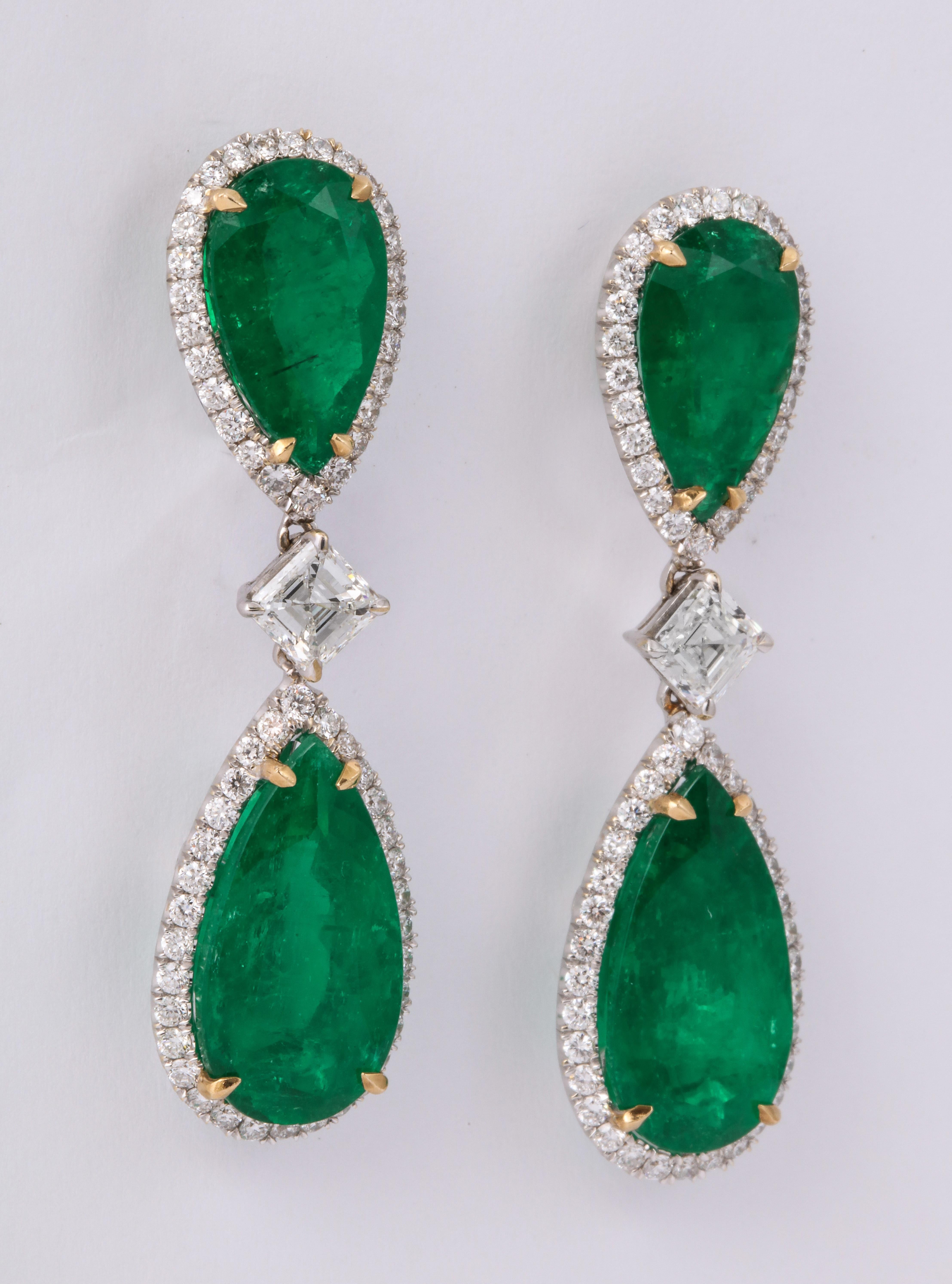 Pear Cut Colombian Emerald and Diamond Drop Earrings For Sale
