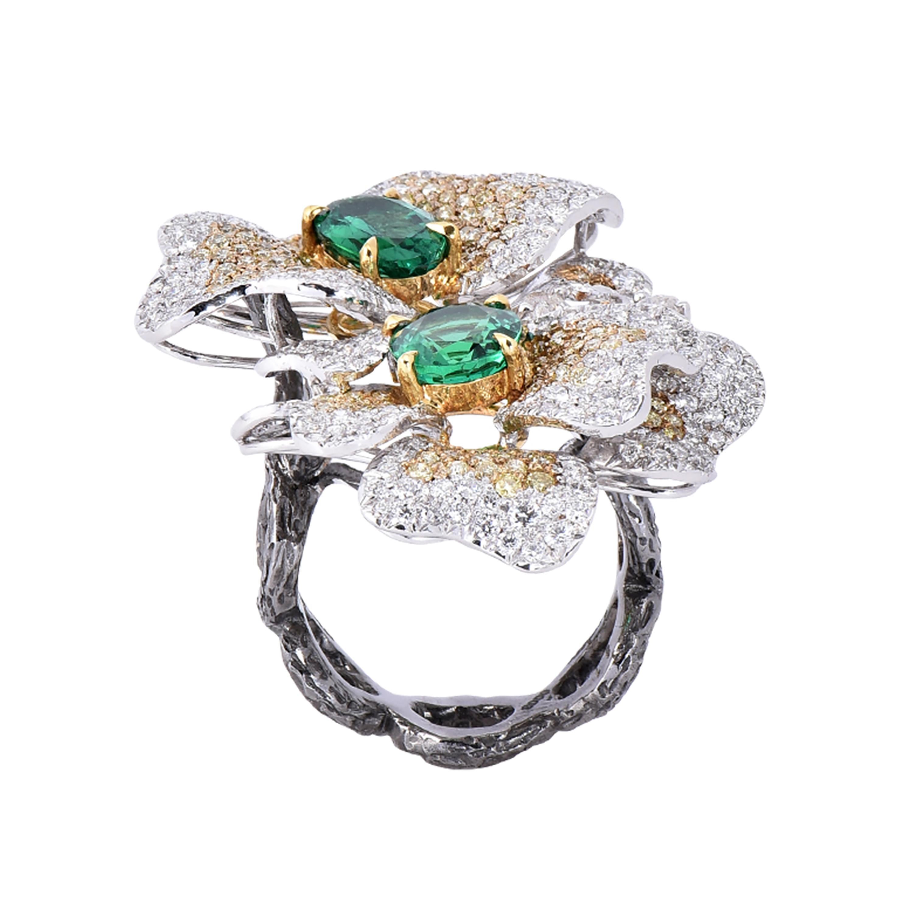 Oval Cut Laviere Colombian Emerald and Diamond Duo Flower Ring For Sale