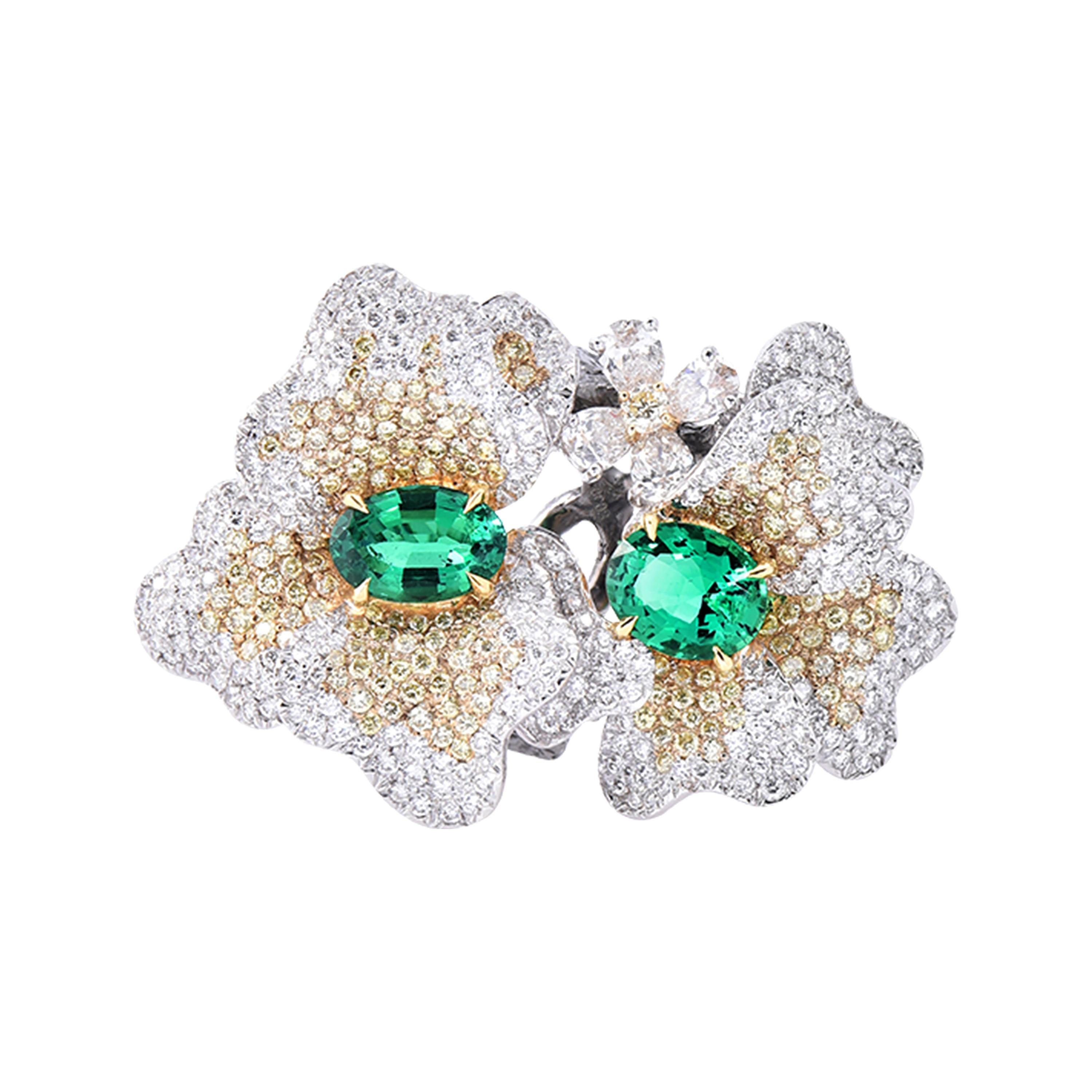 Laviere Colombian Emerald and Diamond Duo Flower Ring For Sale