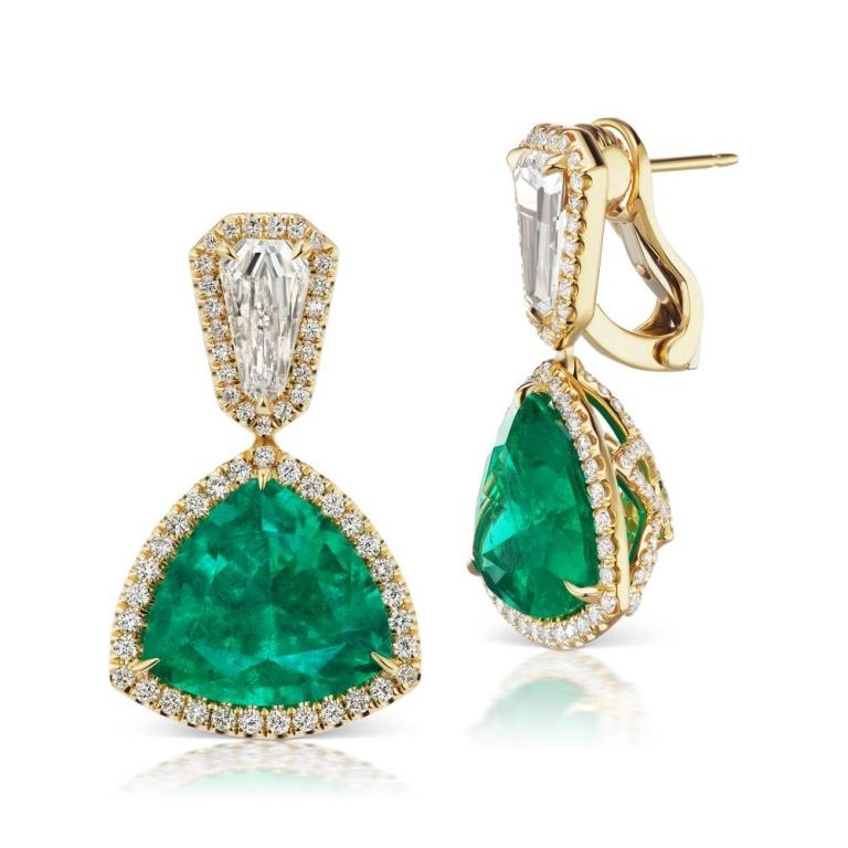 COLOMBIAN EMERALD AND DIAMOND EARRING A vibrant color combination from these luscious trillion cut Colombian emeralds and VS grade bright diamonds really have luxury spelled all over these earrings Item: # 02952 Metal: 18k Y Lab: Grs And Agl Color