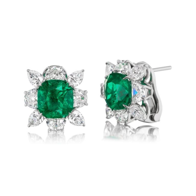 COLOMBIAN EMERALD AND DIAMOND EARRING A vibrant color combination from the luscious Colombian emeralds and bright colorless diamonds makes these earrings pop like no other Item: # 03679 Metal: 18k W Lab: Grs Color Weight: 7.33 ct. Diamond Weight: