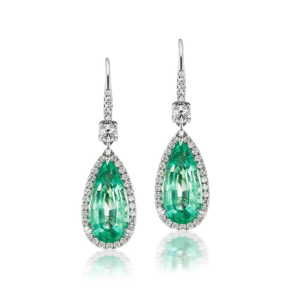 18k White GOld 9.07ct Colombian Emerald And 1.24ct Diamond Earrings

A beautiful and simple arrangement of diamonds to suspend luscious
Pear shape emeralds
Item: # 03629
Metal: 18k W
Color Weight: 9.07 ct.
Diamond Weight: 1.24 ct.