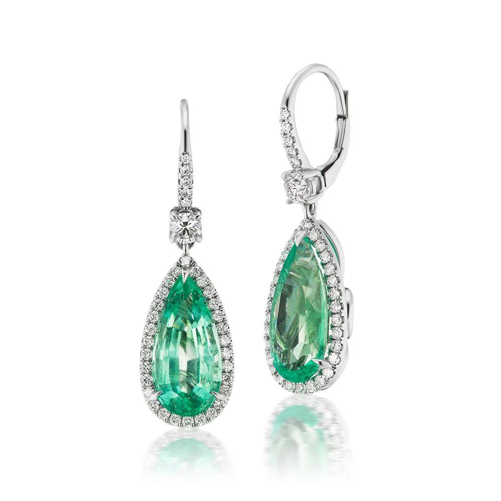 Modern 18k White Gold 9.07ct Colombian Emerald And 1.24ct Diamond Earrings For Sale