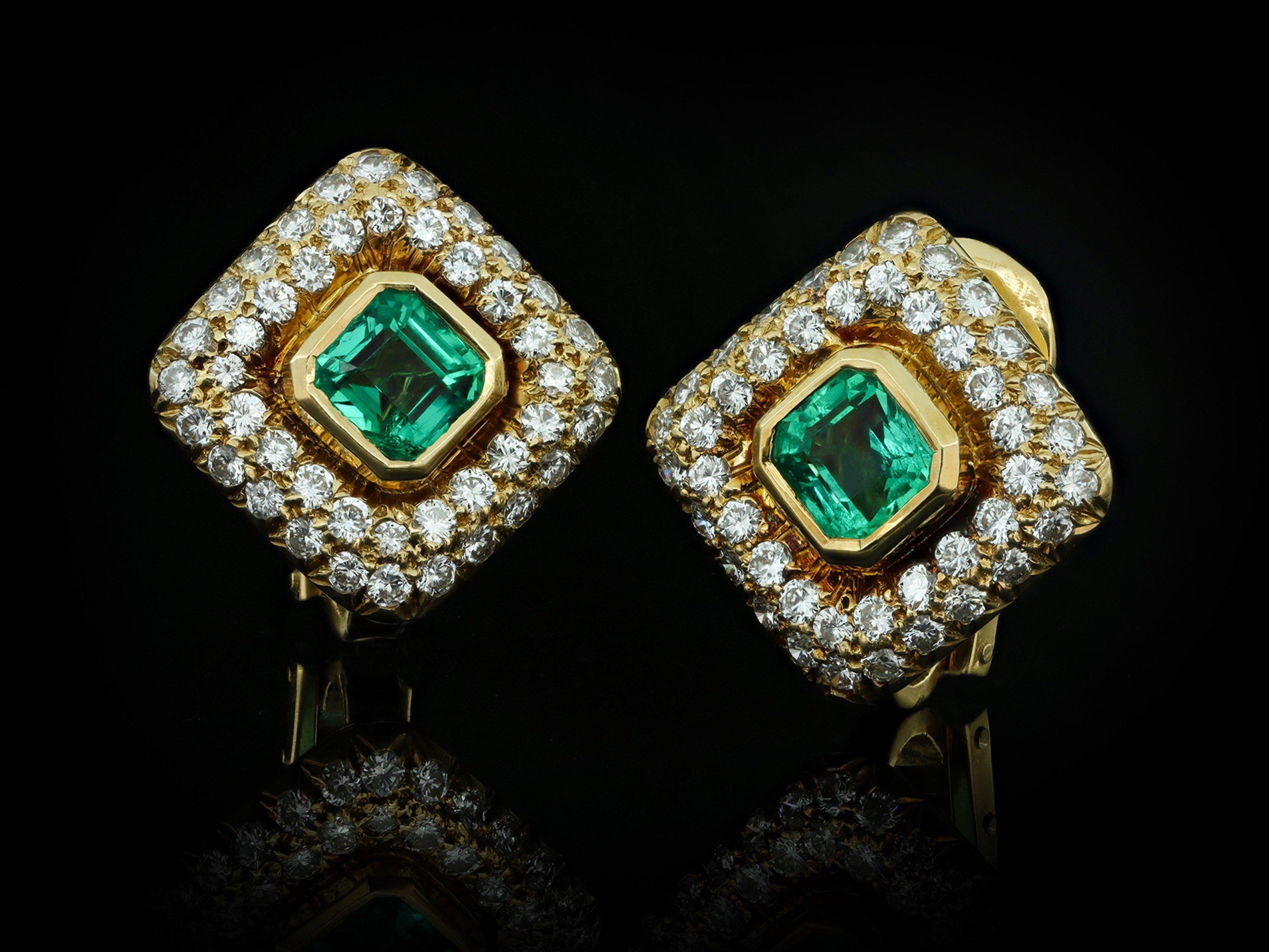Emerald Cut Colombian emerald and diamond earrings, French, circa 1970 For Sale