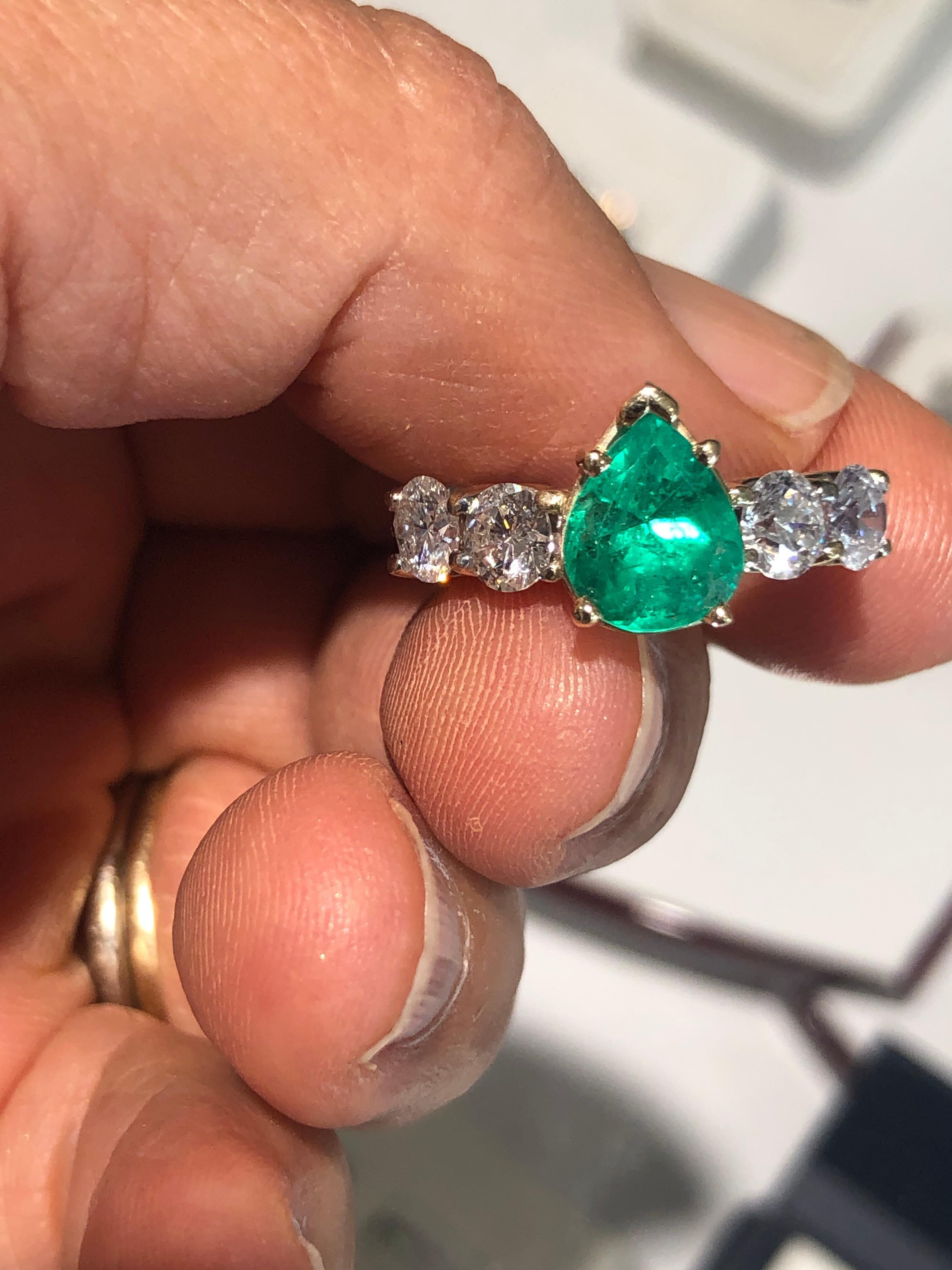 Pear Cut Emeralds Maravellous Colombian Emerald Diamond Engagement Ring 14 Karat For Sale