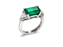 Colombian Emerald and Diamond Flanked Solitaire Ring