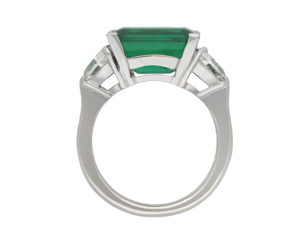 Emerald Cut Colombian Emerald and Diamond Flanked Solitaire Ring For Sale