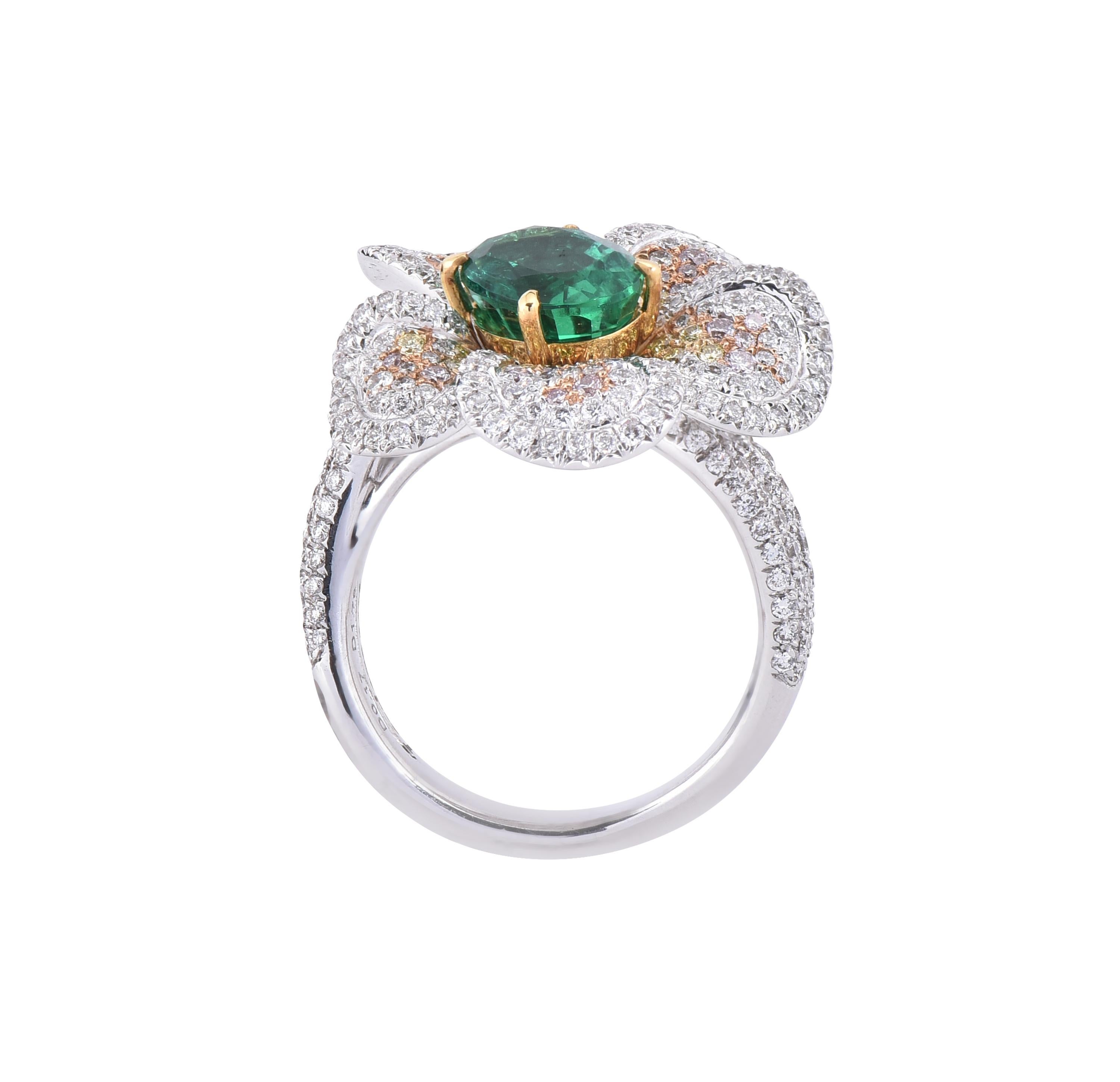 Modern Laviere Colombian Emerald and Diamond Flower Ring For Sale