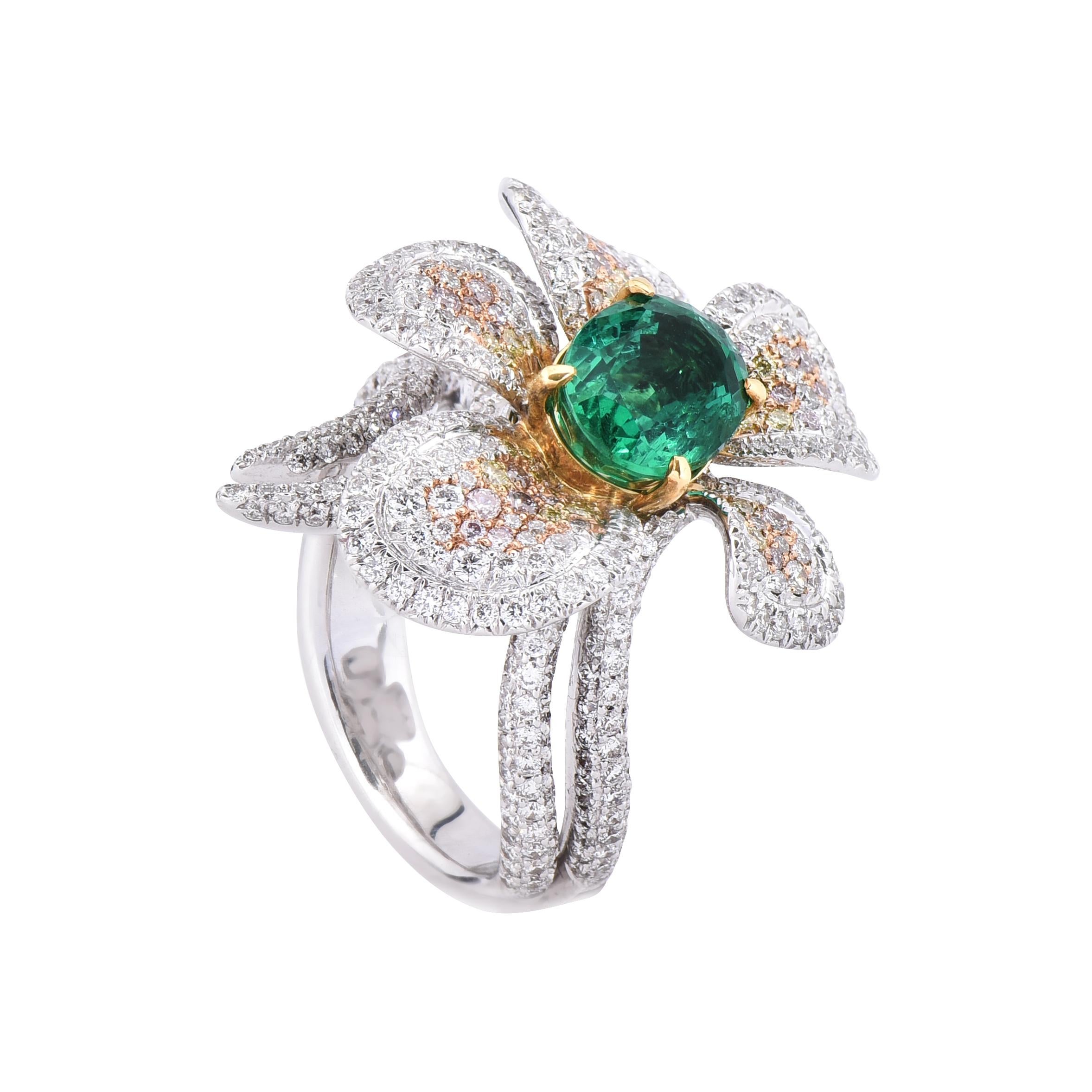 Oval Cut Laviere Colombian Emerald and Diamond Flower Ring For Sale