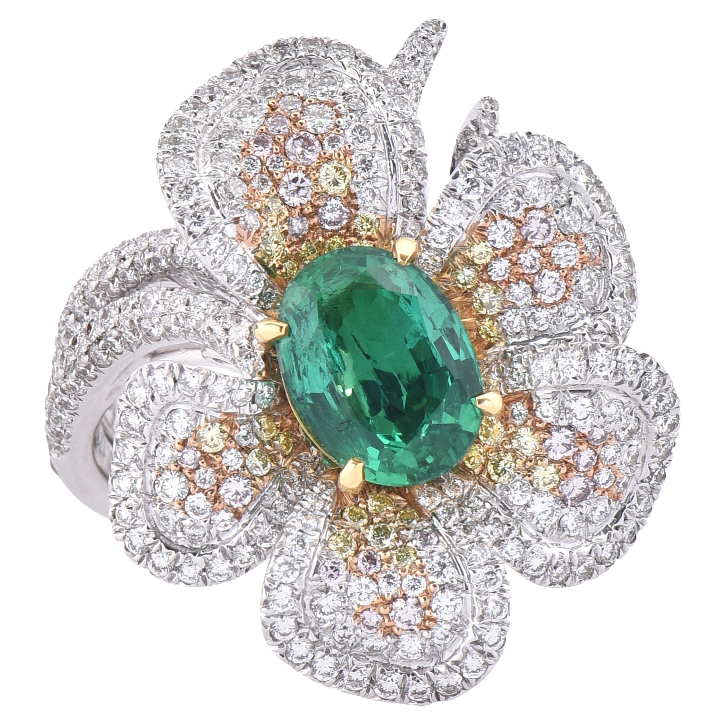 Laviere Colombian Emerald and Diamond Flower Ring For Sale