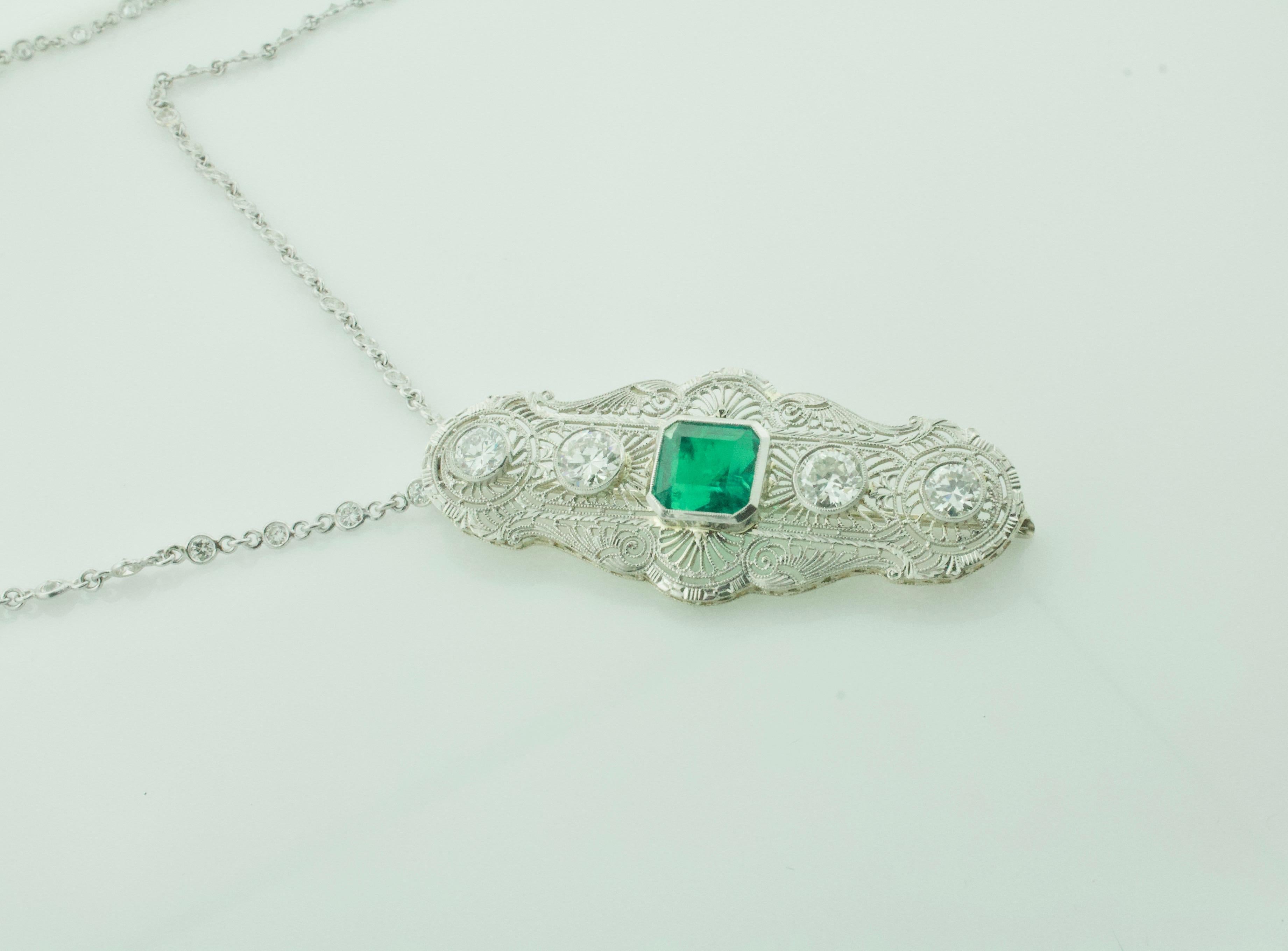 Colombian Emerald and Diamond Necklace / Brooch circa 1920s GIA Certified For Sale 1